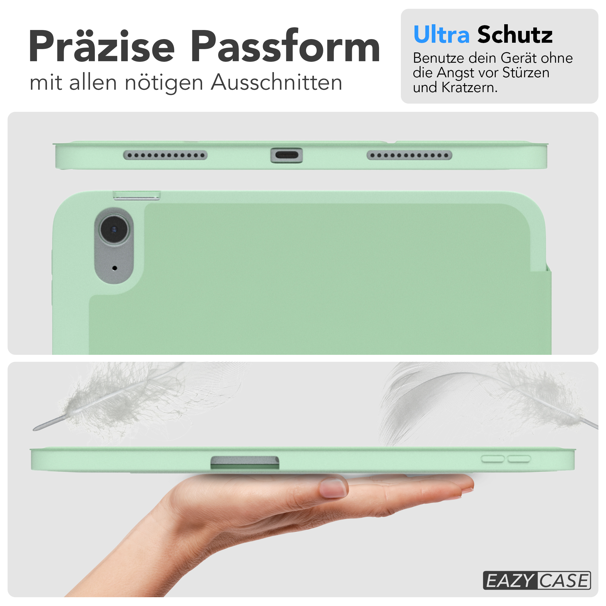 Hellgrüne Tablethülle, Vorder- und Seitenansicht, in der Hand gehalten.