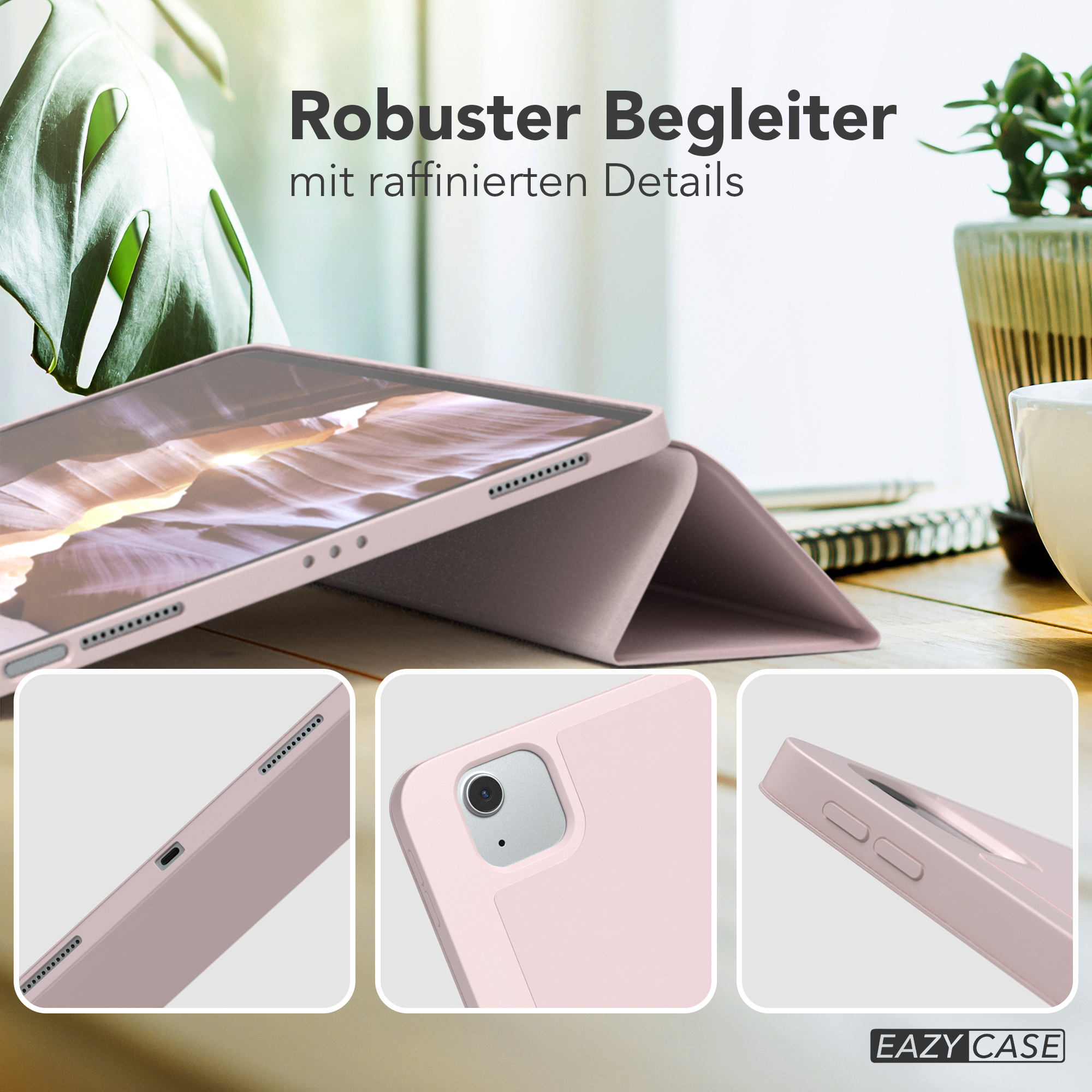 Ein rosa Tablethülle mit detaillierten Nahaufnahmen der verschiedenen Funktionen der Hülle.