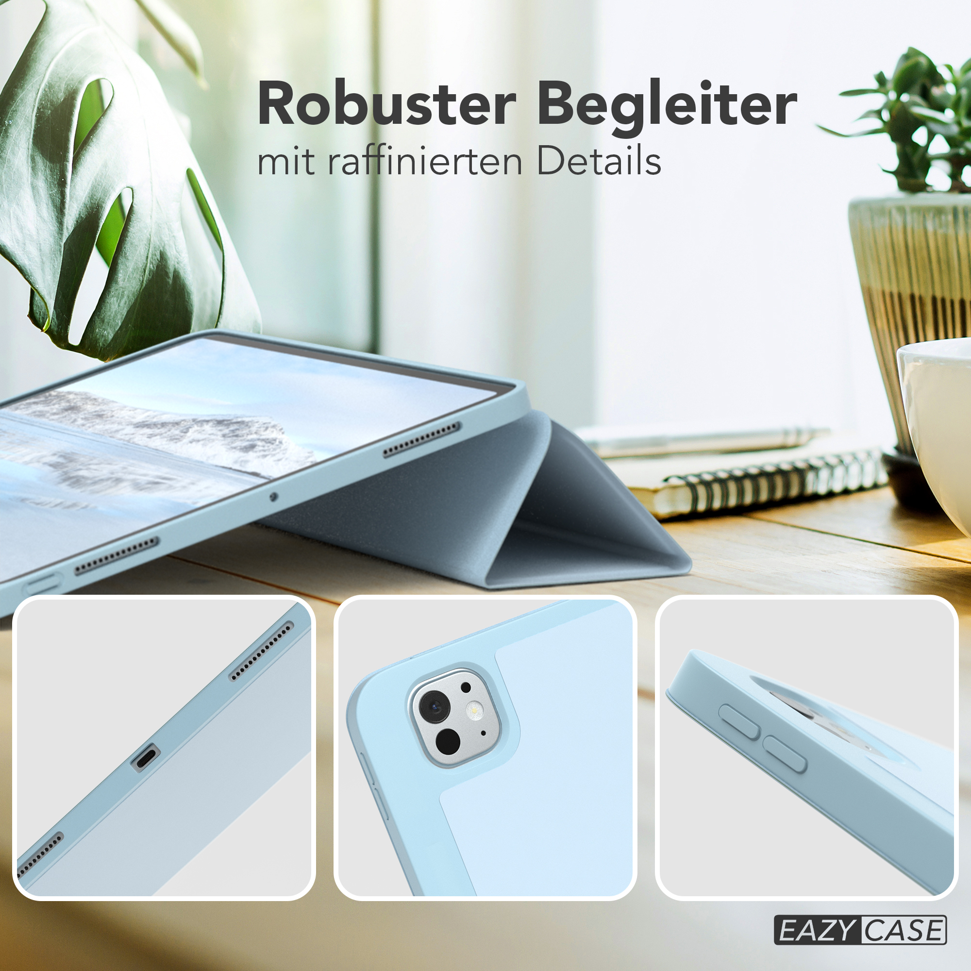 Tablet in hellblauer Hülle mit Nahaufnahmen von Kanten und Rückseite.