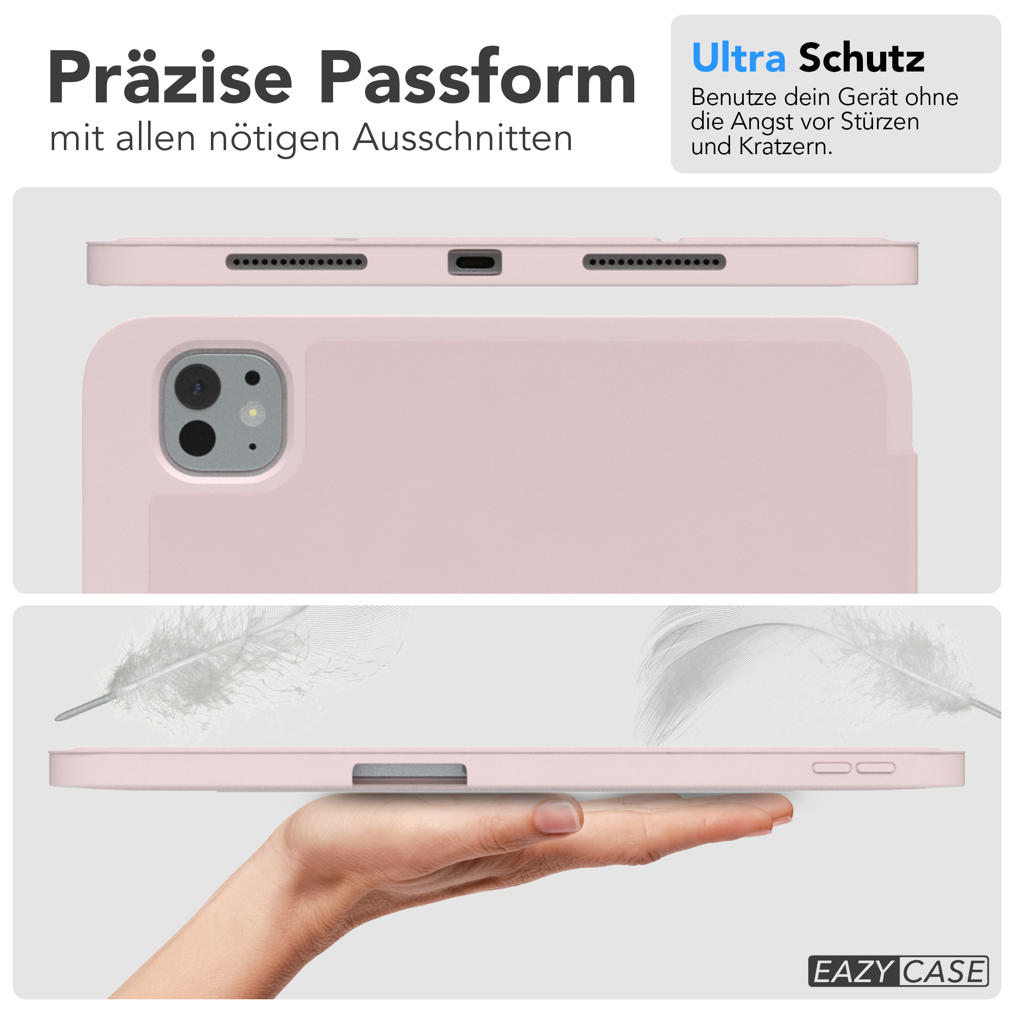 Eine rosa iPad-Hülle mit Nahaufnahmen ihrer Teile, einschließlich der Kamera und der Unterseite.