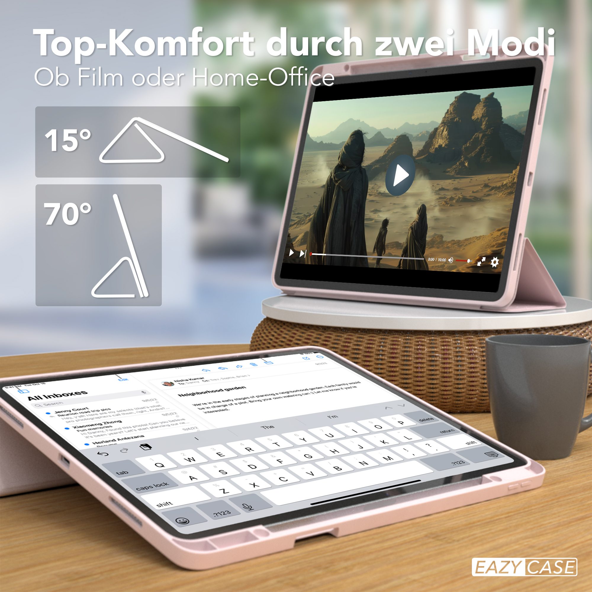 Ein rosa Tablet in einer Hülle, mit einem Film, der abgespielt wird. Diagramme zeigen zwei Winkel.