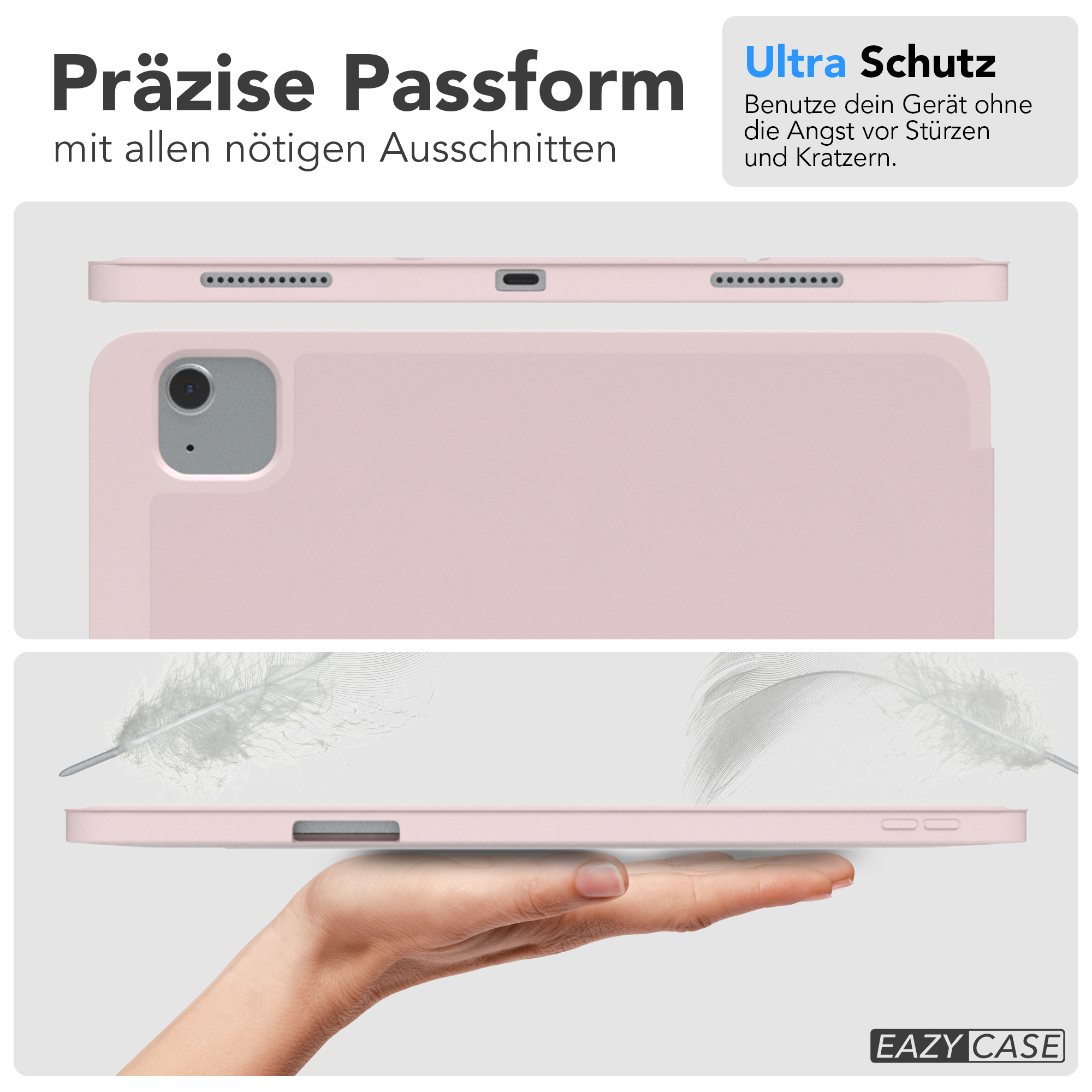 Rosa iPad-Hülle mit Stift, Text: Präzise Passform mit allen nötigen Ausschnitten.