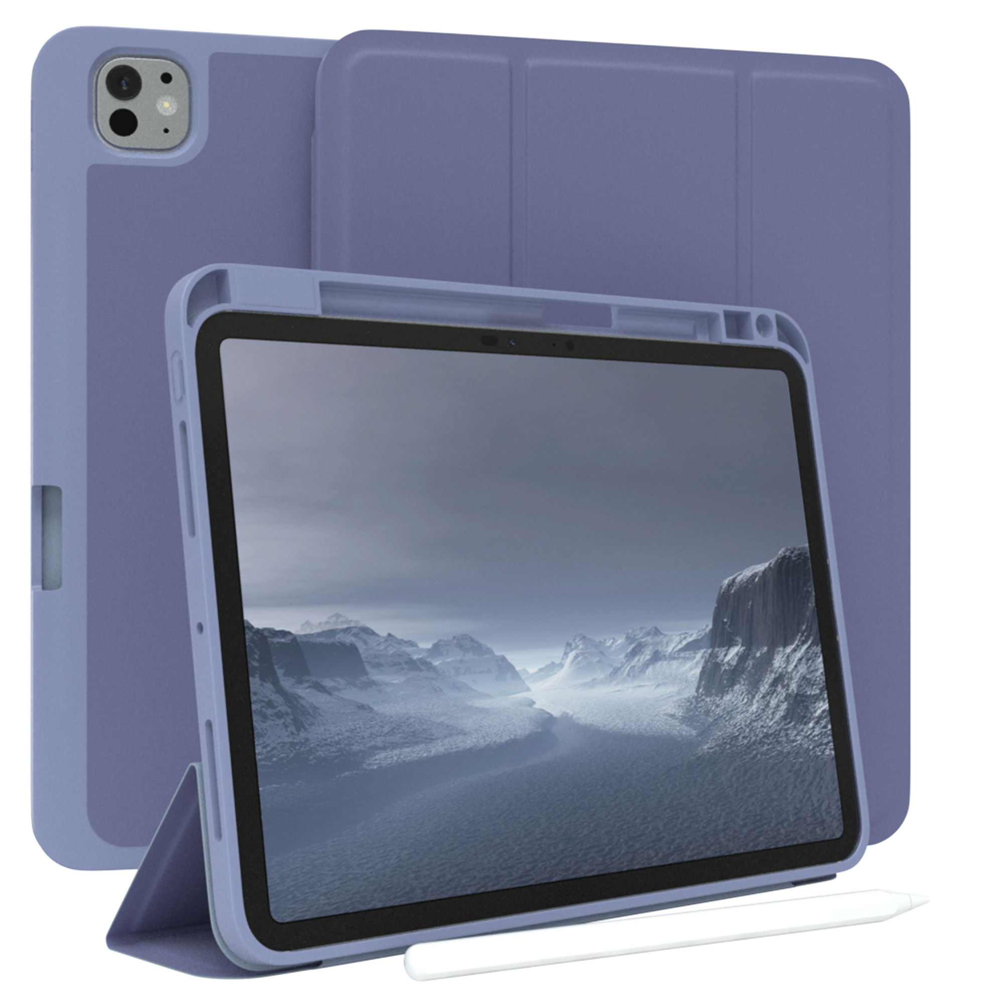 Ein Tablet in einem blauen Gehäuse mit einem Bildschirm, der eine Berglandschaft zeigt, und einem weißen Stift.