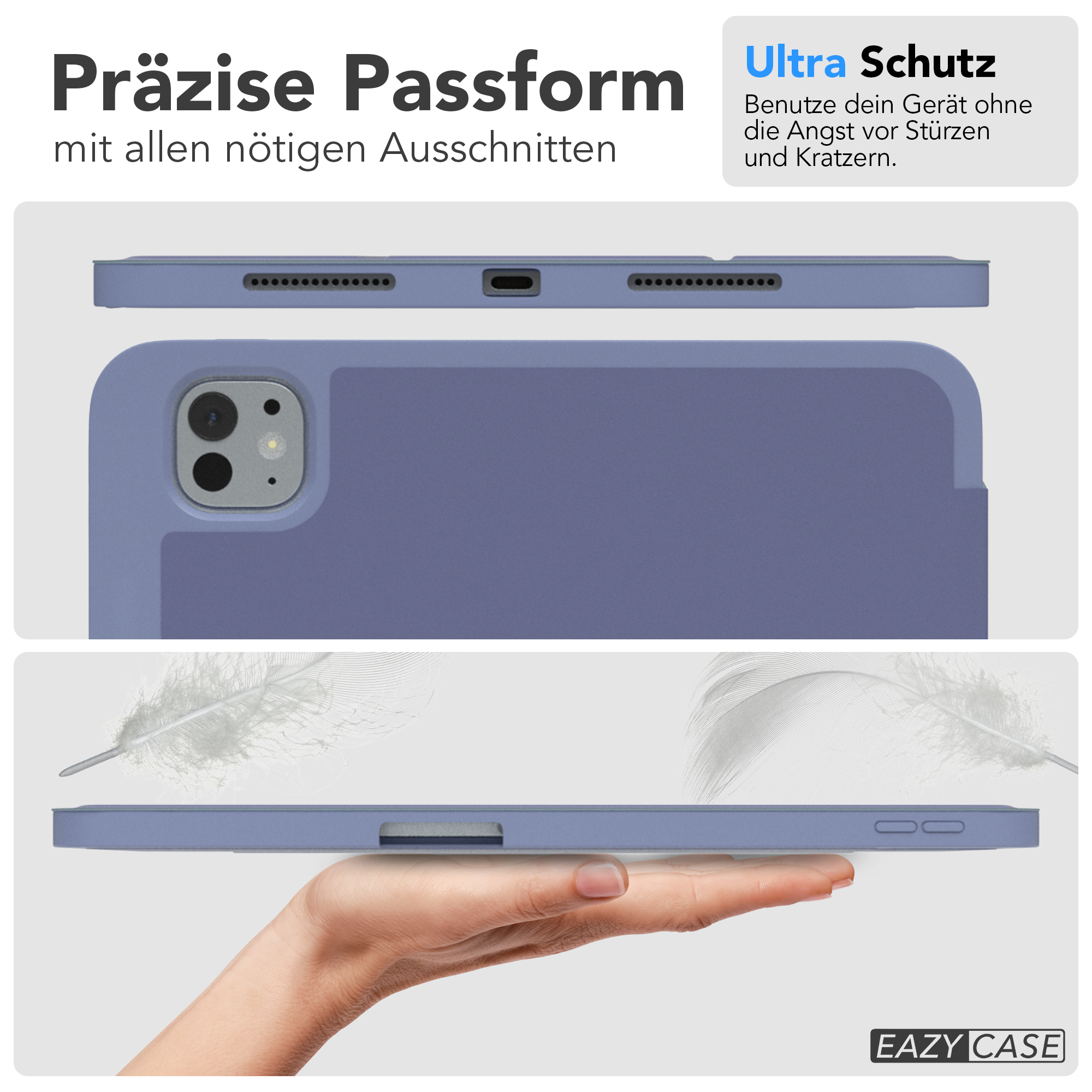 Blaue Tablet-Hülle mit Tablet, Ansichten von oben und der Seite. Text auf Deutsch.