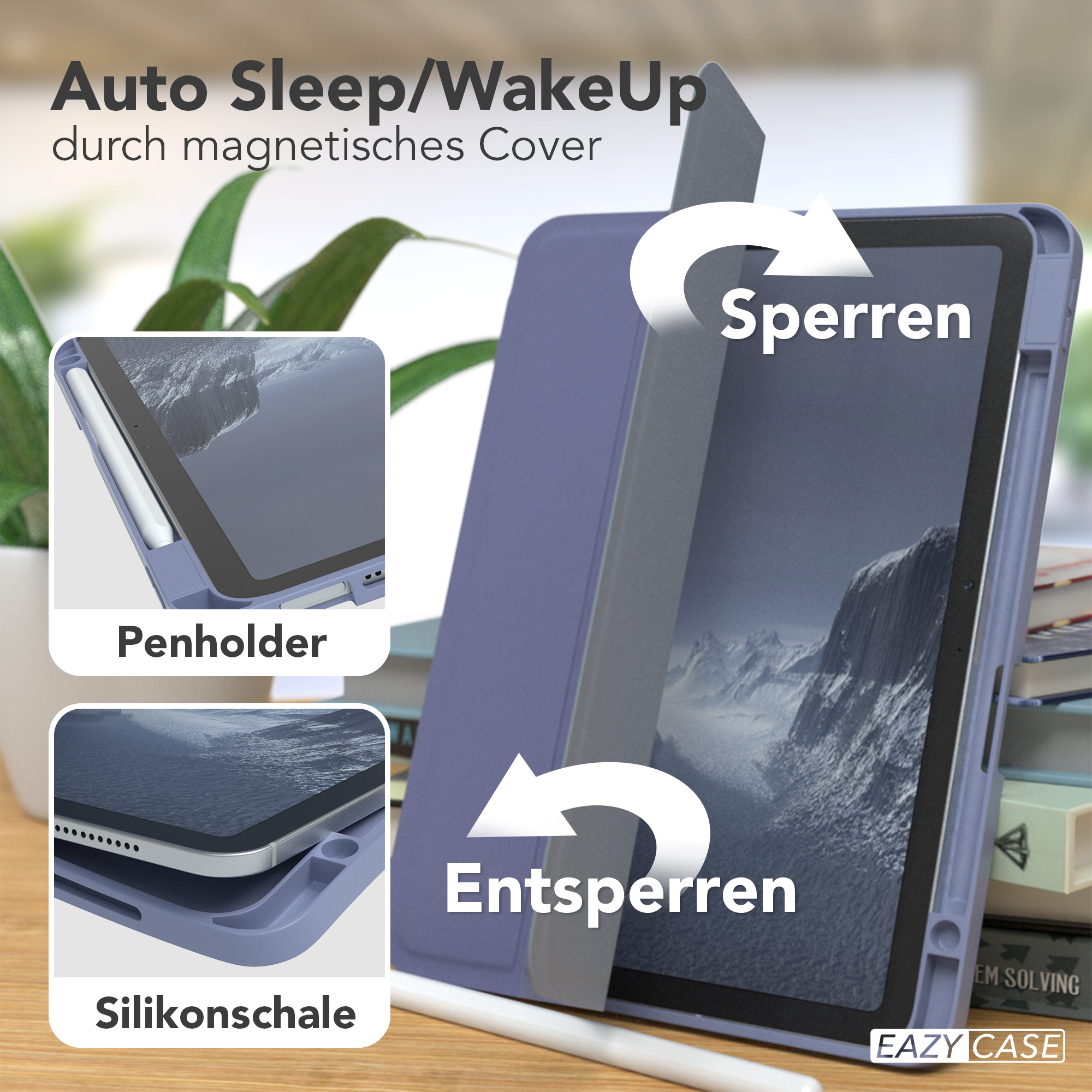 Eine blaue Tablet-Hülle mit einem Tablet darin. Zeigt Stifthalter und Silikonschalen-Funktionen.