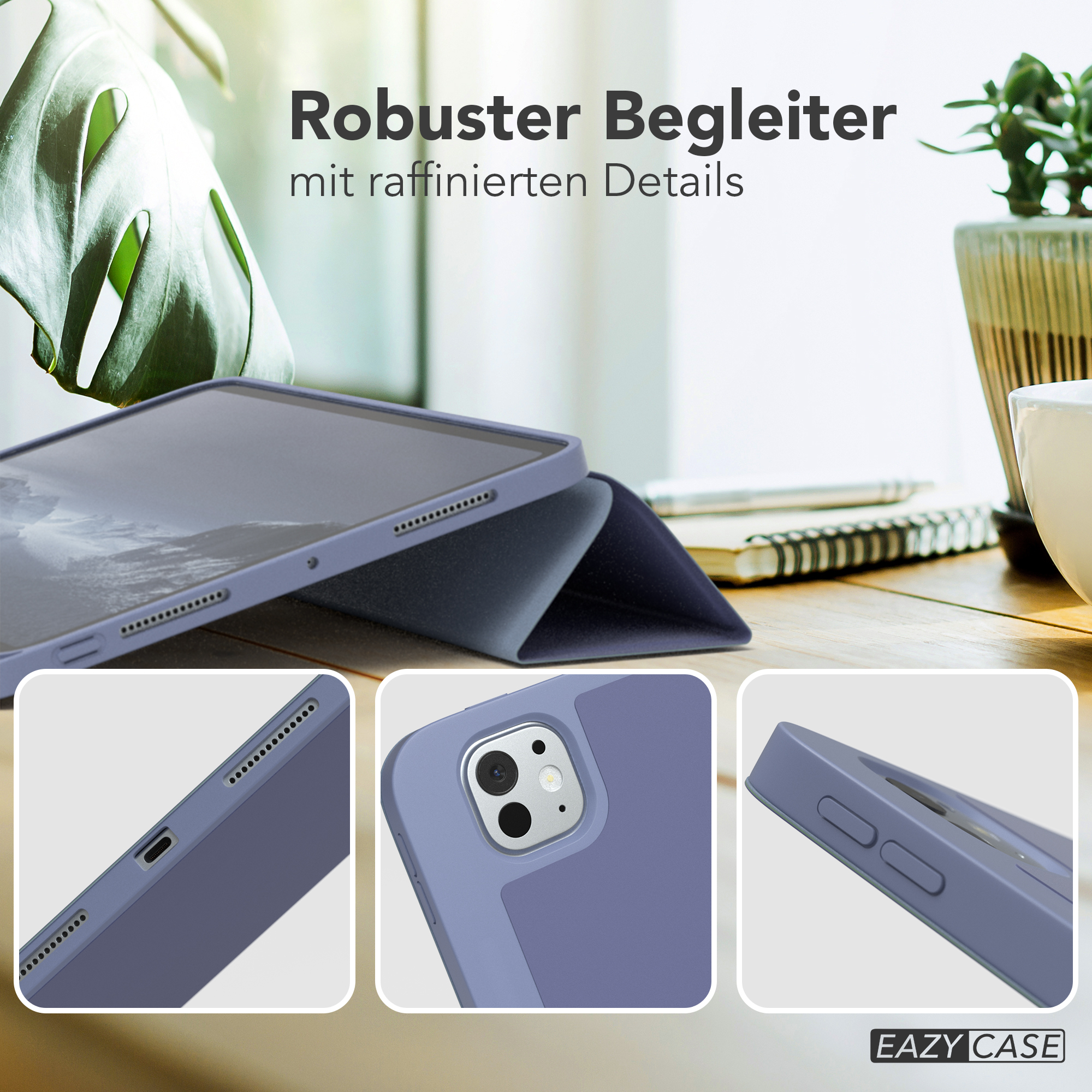 Tablet-Hülle mit blauem Cover, Ansichten von oben, hinten und der Seite. Hülle liegt auf einem Holztisch.