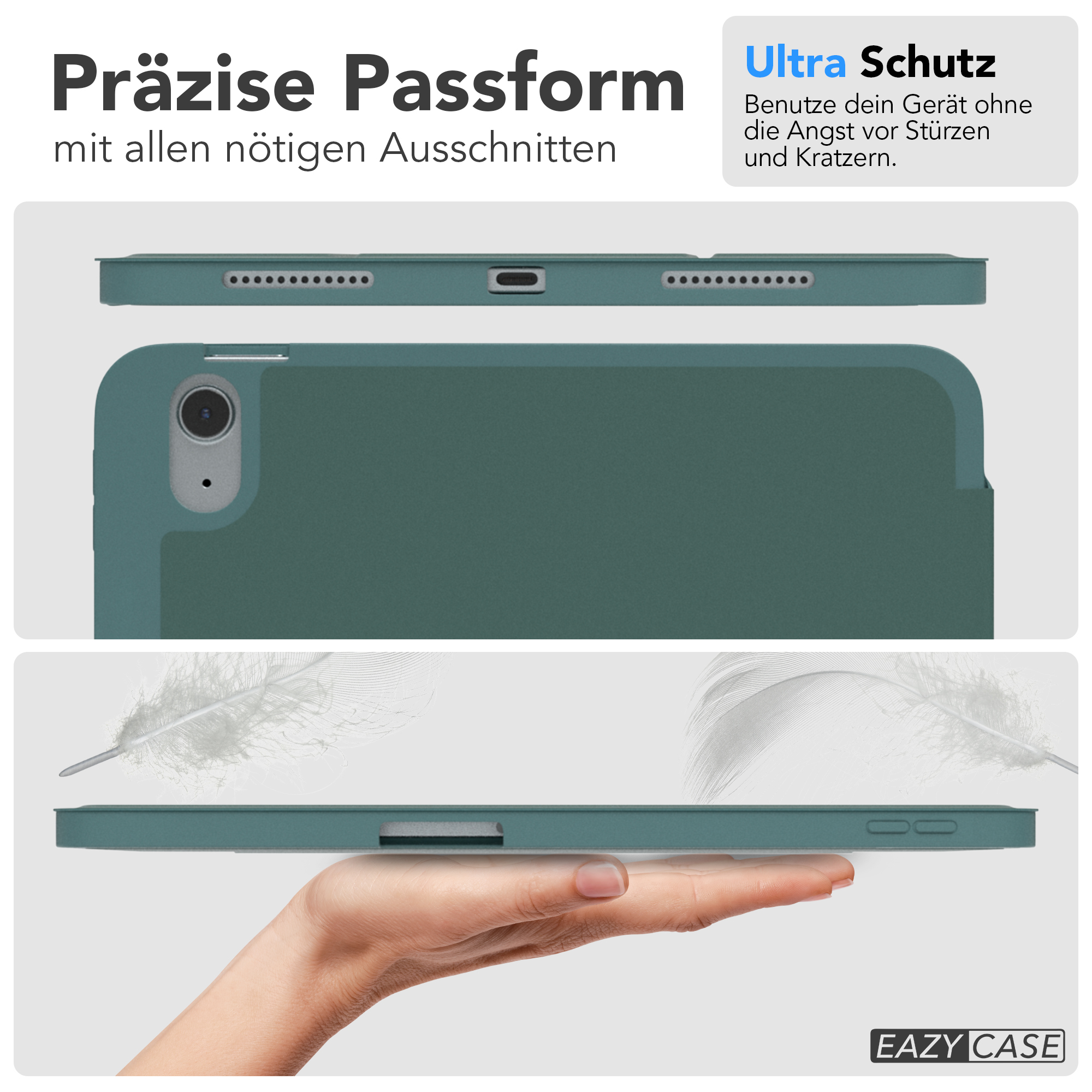 Grüne Tablet-Hülle mit Text über Schutz und Design.