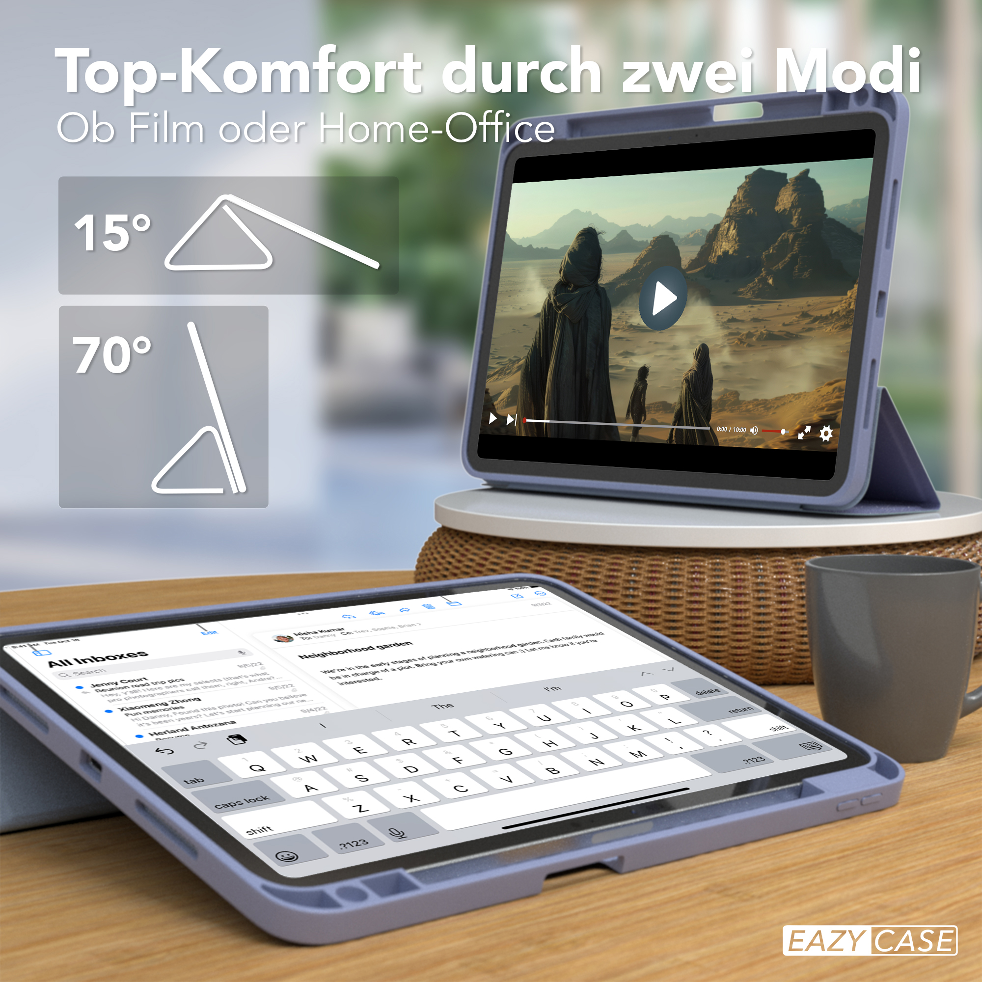 Ein iPad in einer Hülle ist geöffnet. Der Bildschirm zeigt ein Video und eine Tastatur.