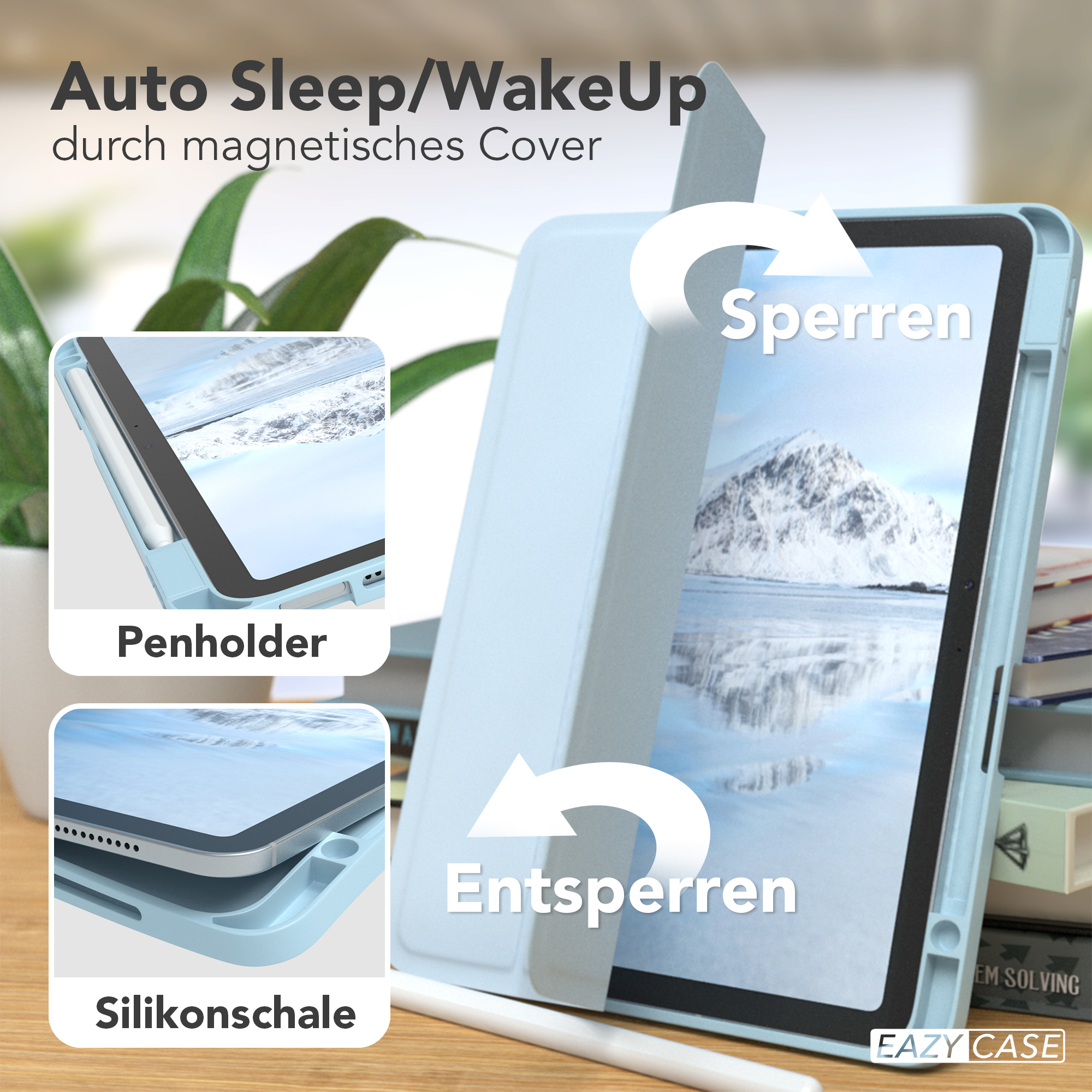 Hellblaue Tablethülle mit Stifthalter und Tabletdetails, mit Text und Pfeilen.