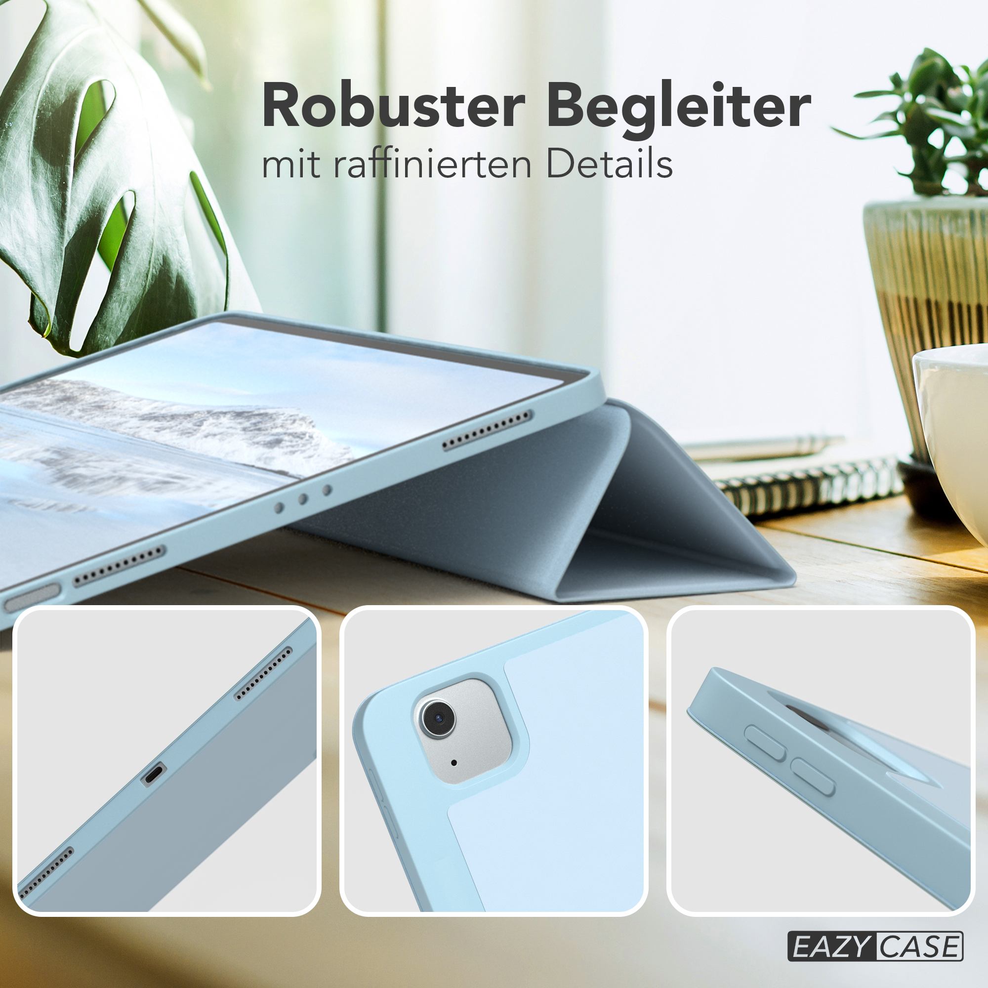 Tablet in einer blauen Hülle auf einem Holztisch. Kleine Bilder zeigen Details der Hülle.