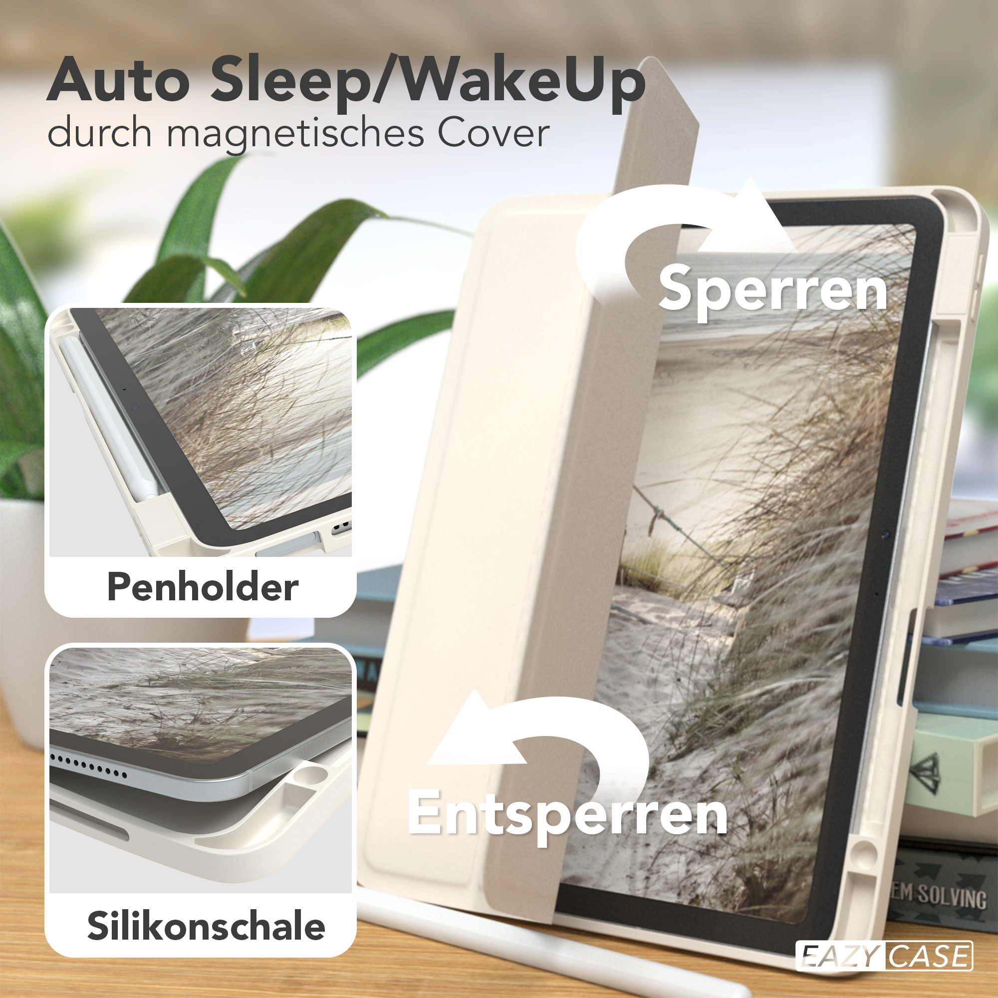 iPad-Hülle mit weißem Äußeren, zeigt Bildschirm und Stifthalter.