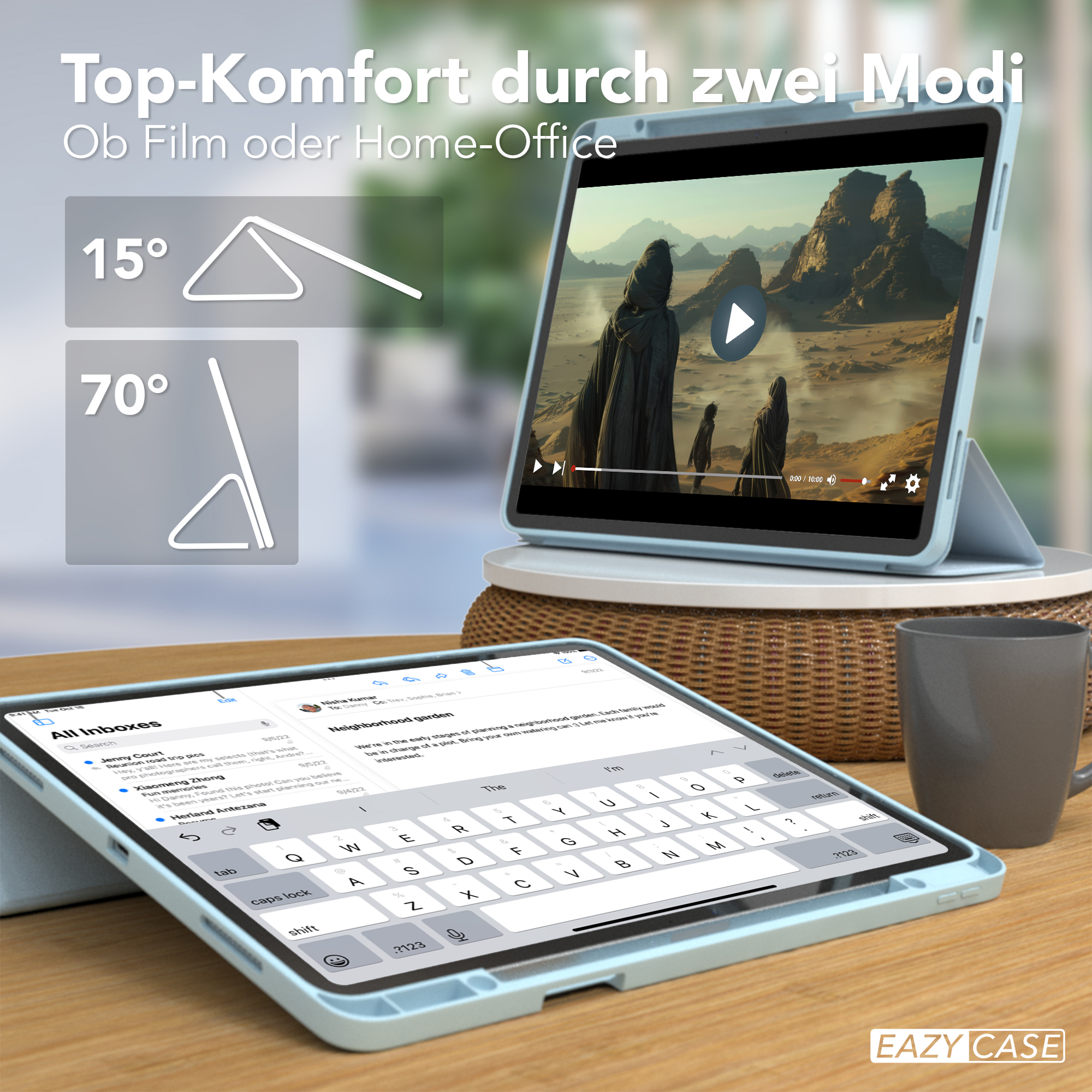 Ein iPad in einem Case zeigt eine Tastatur und ein Video, mit zwei Neigungswinkeln im Bild.