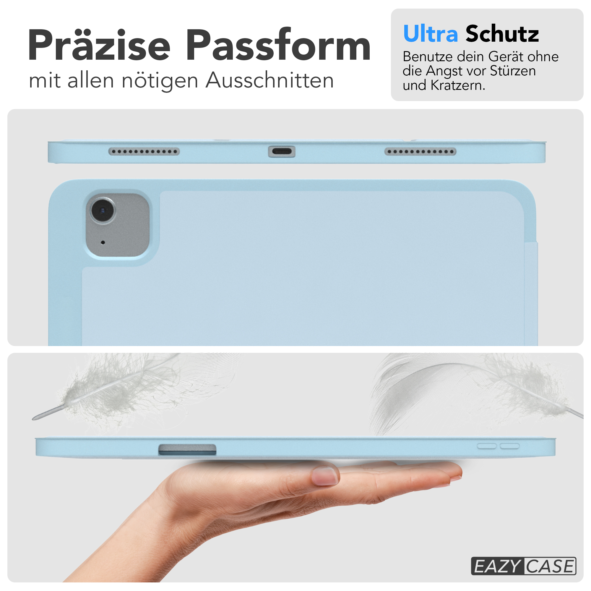 Nahaufnahme einer hellblauen iPad-Hülle mit Text, der die Funktionen des Gehäuses beschreibt.