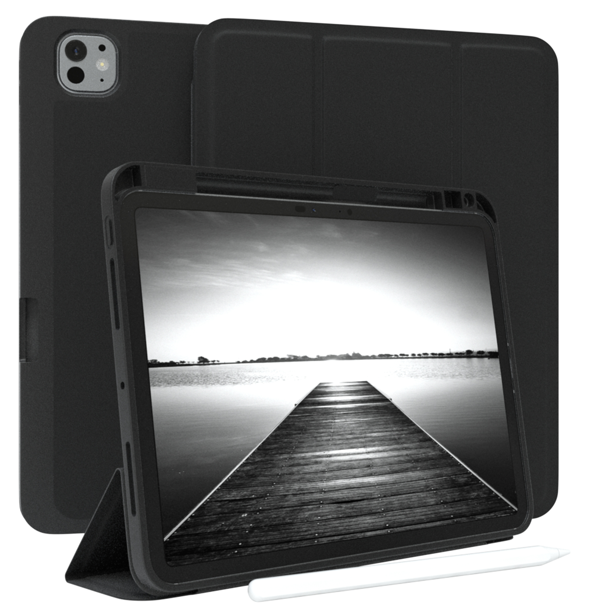Tablet in schwarzem Gehäuse, ein weiteres Gehäuse und ein Stift.