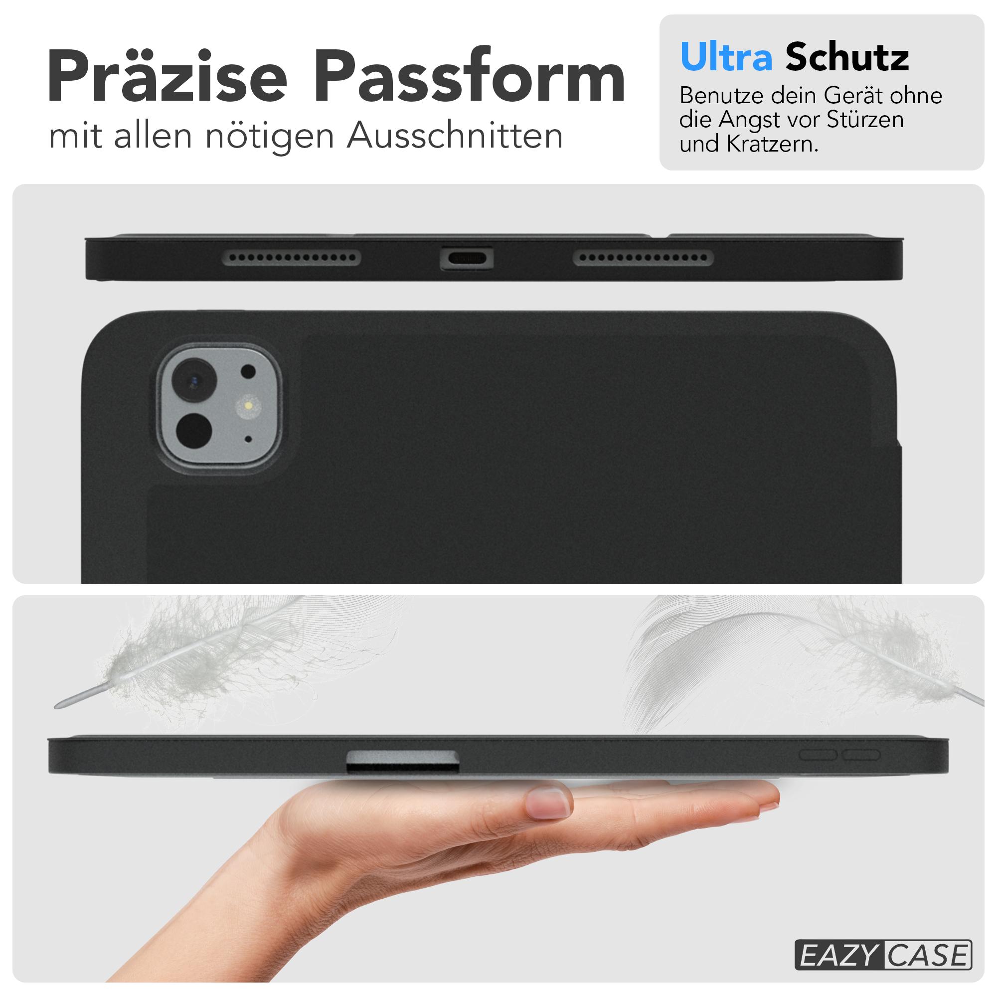 Schwarze Tablethülle mit Text. Schwarzes Tablet überlagert. Hand, die die Hülle von der Seite hält.