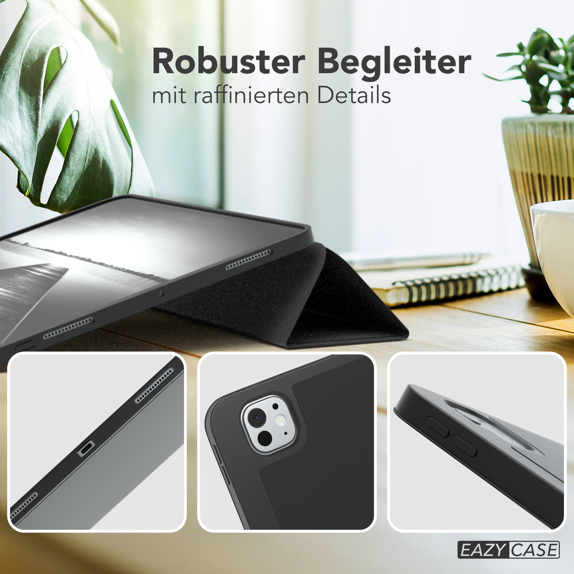 Eine schwarze iPad-Hülle, mit Nahaufnahmen von Tasten und Anschlüssen.