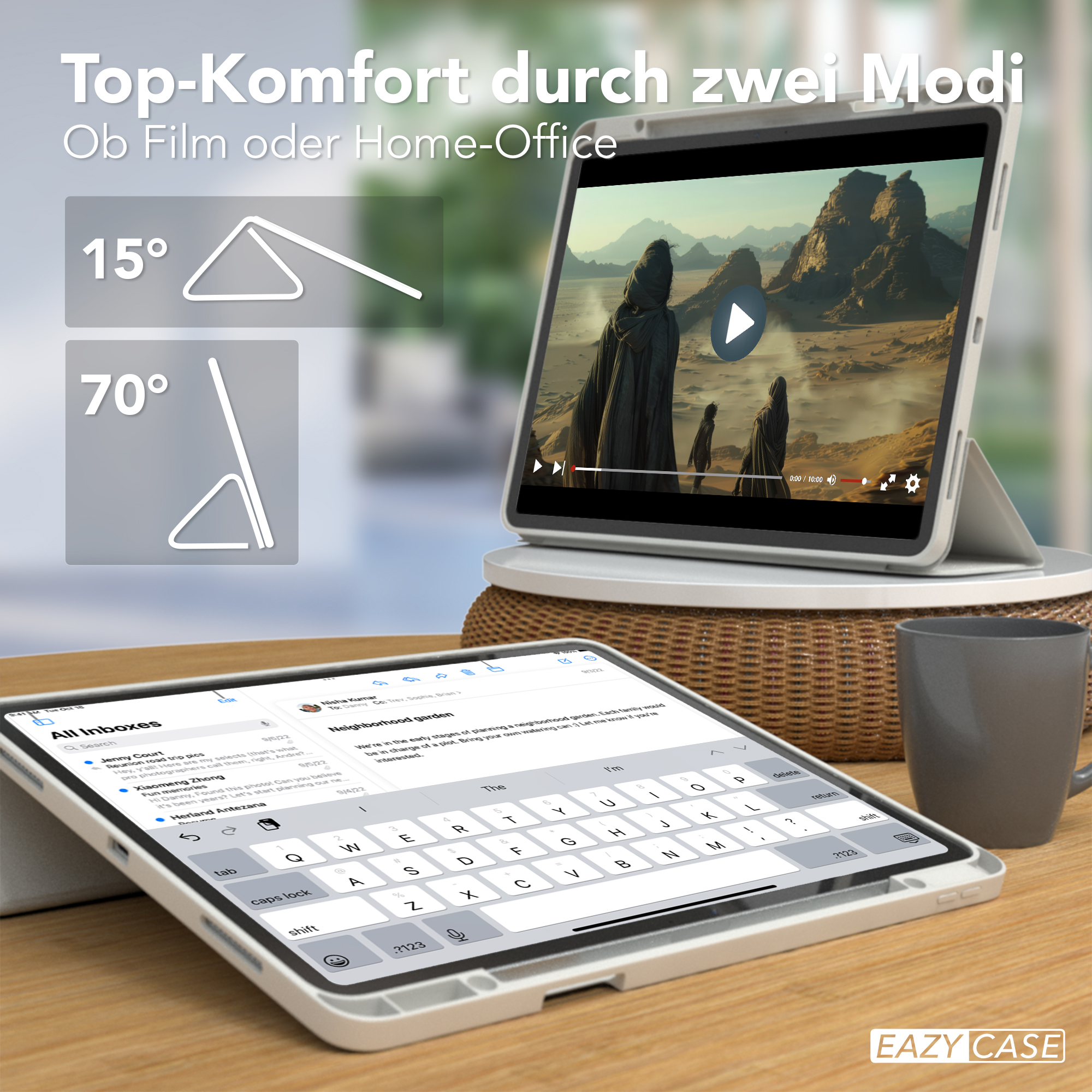 Tablet mit Tastaturhülle, zeigt Video- und E-Mail-Oberfläche.