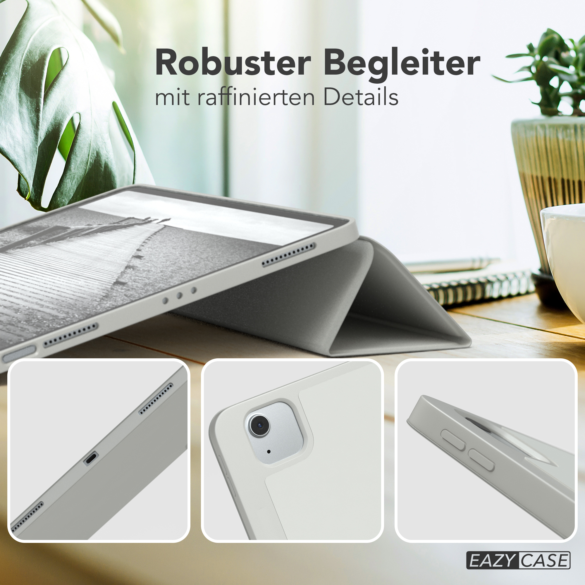 Ein Tablet in einem hellgrauen Gehäuse mit Nahaufnahmen von Details.