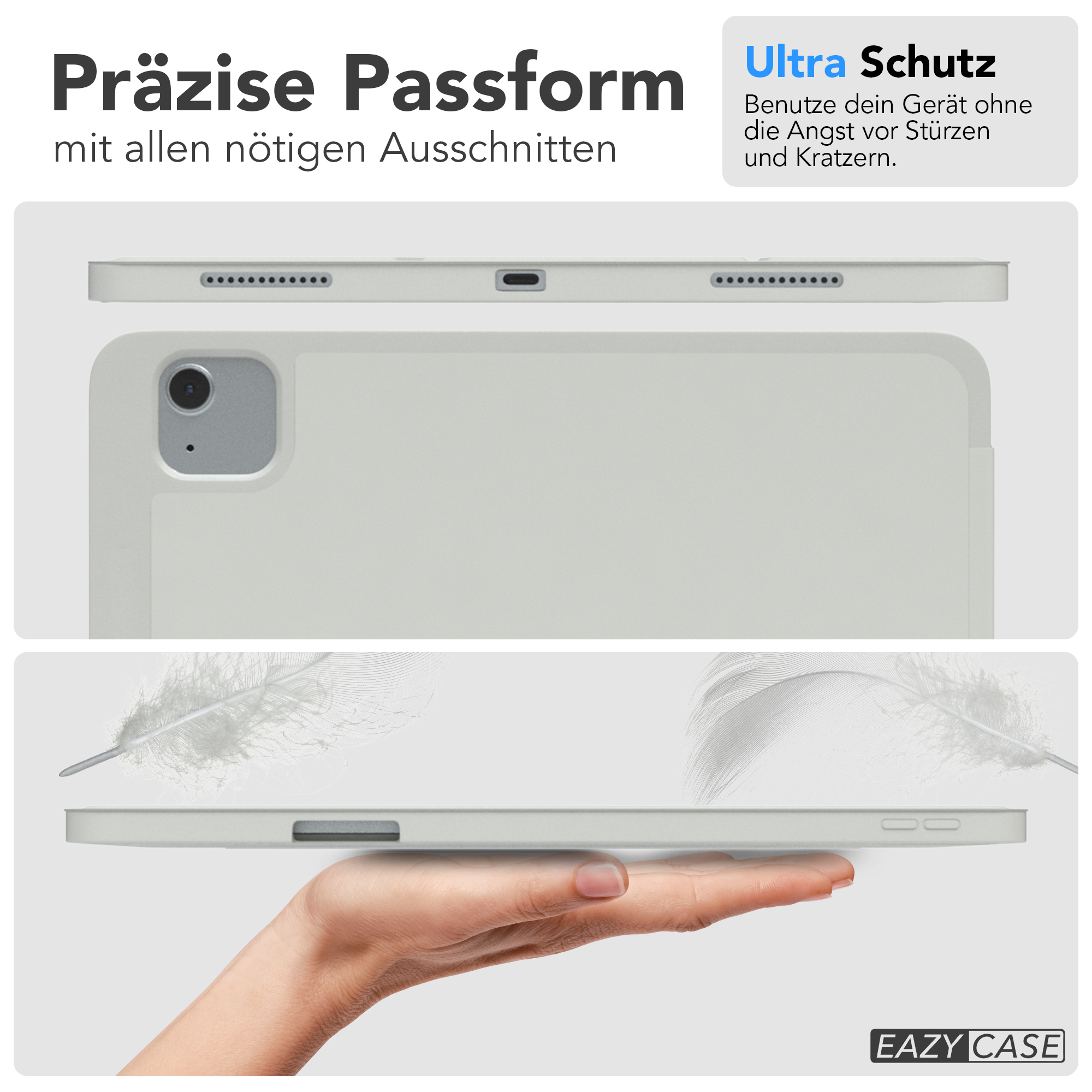 Eine graue Tablet-Hülle mit Text und eine Hand, die das Tablet hält. Federn sind im Hintergrund.