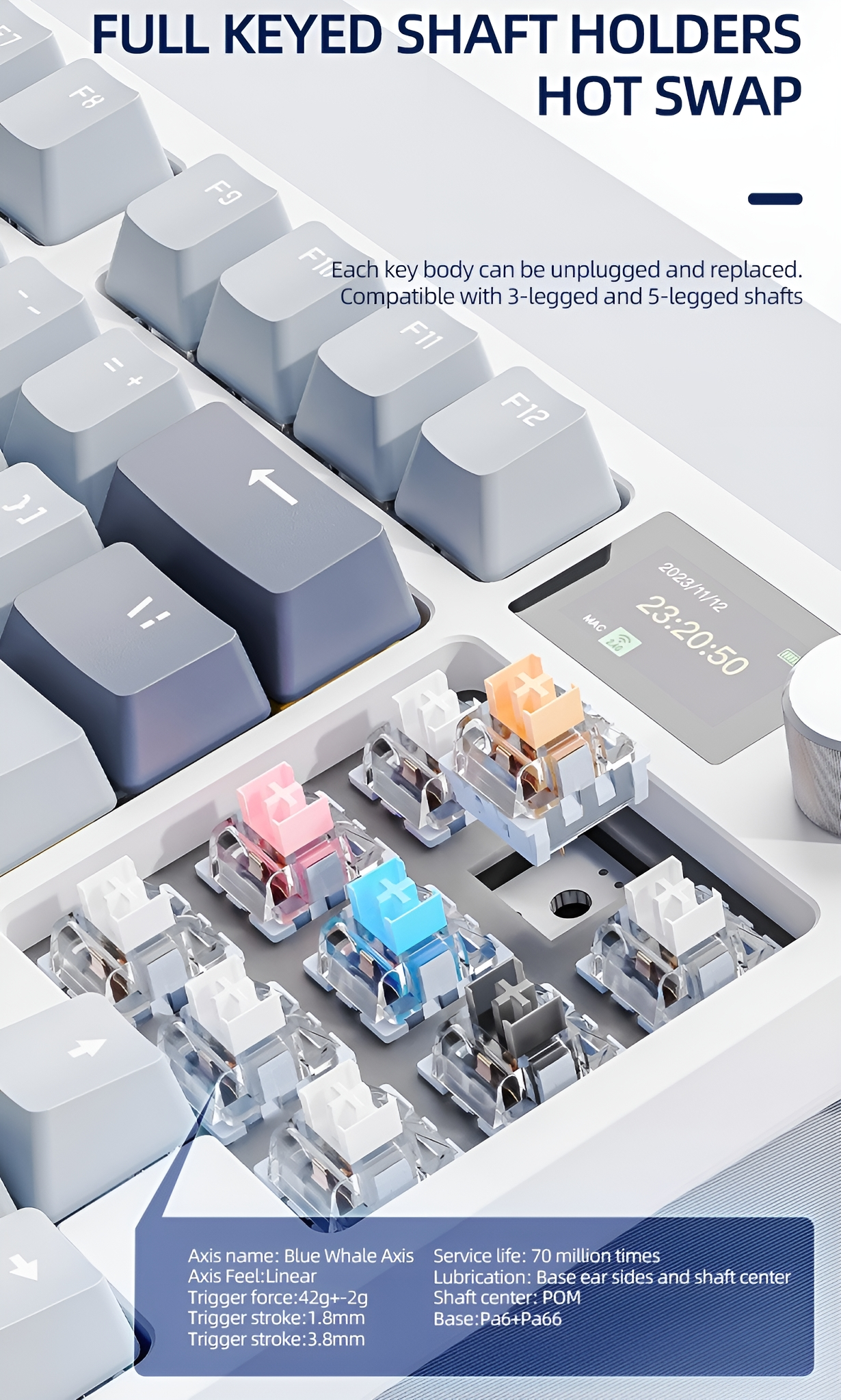 Nahaufnahme einer weißen Tastatur mit farbenfrohen mechanischen Schaltern.