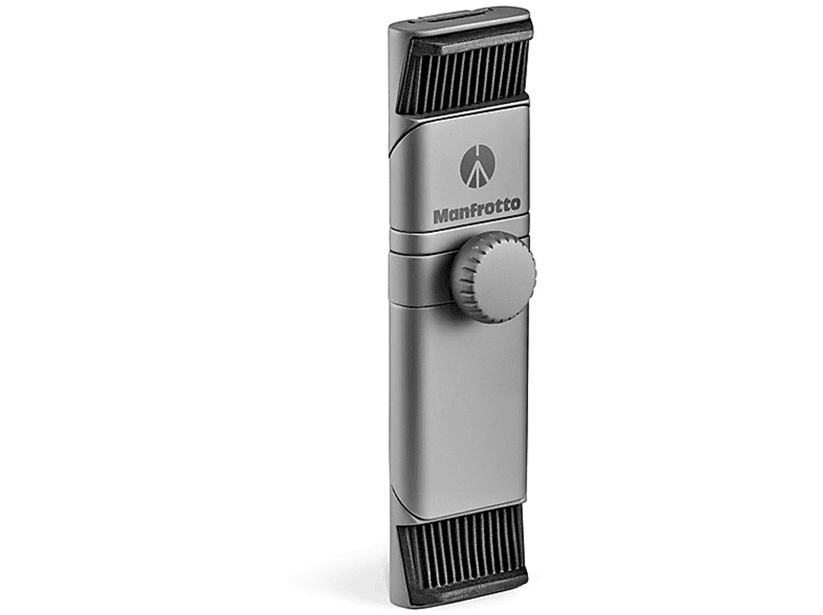 Srebrne akcesorium Manfrotto do telefonu. Ma pokrętło i jest na czarnym tle.