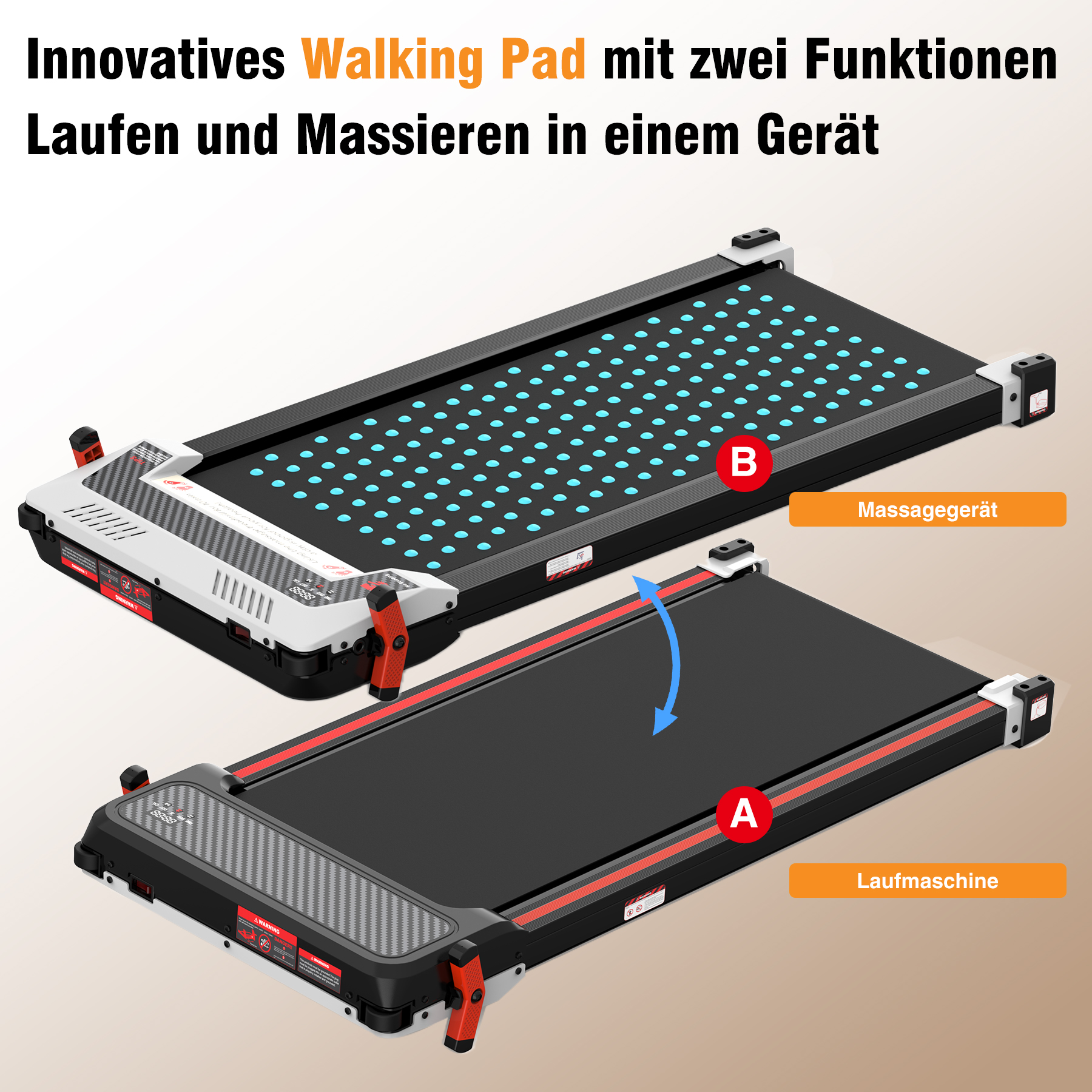 Laufband mit zwei Modi, Gehen und Massage. Schwarz und Weiß mit blauen Akzenten und rotem Text.