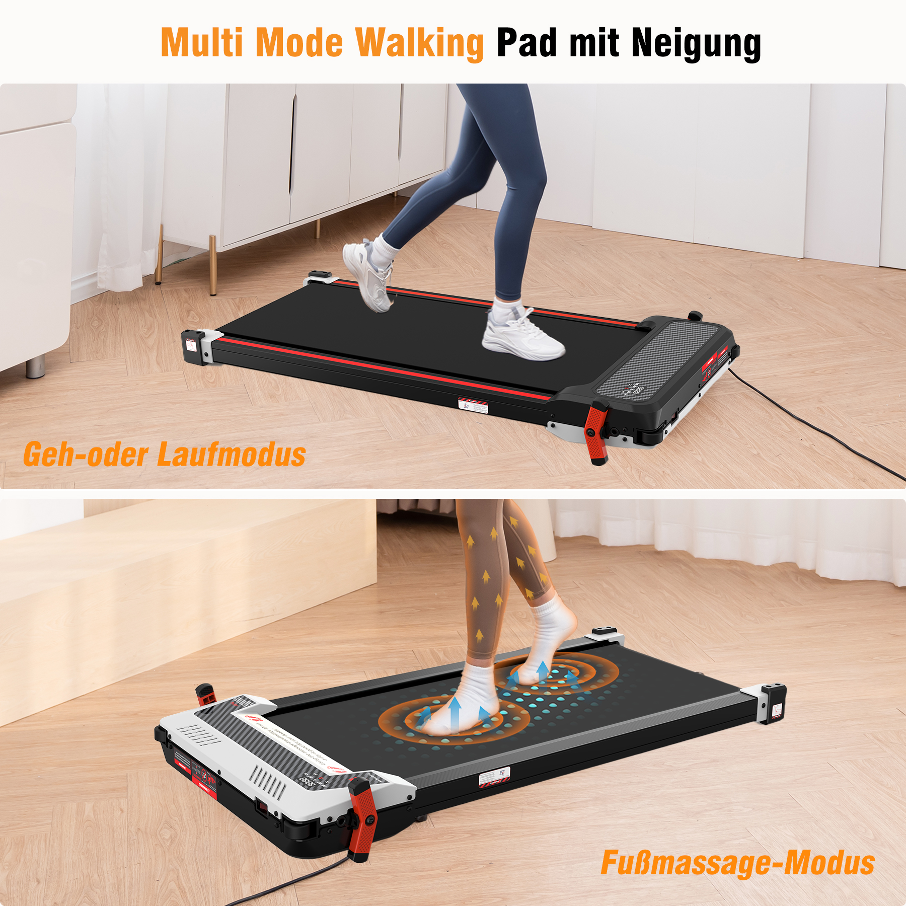 Laufband mit zwei Illustrationen von Personen, die es benutzen. Zeigt Geh- und Fußmassage-Modi.