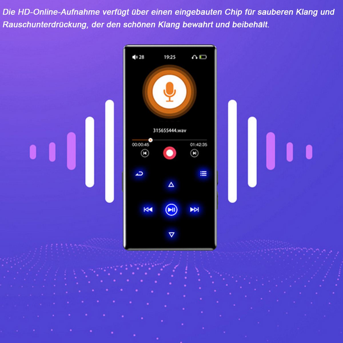 Ein schwarzer digitaler Audioplayer mit Wellenformanzeige und Steuertasten auf lila Hintergrund.