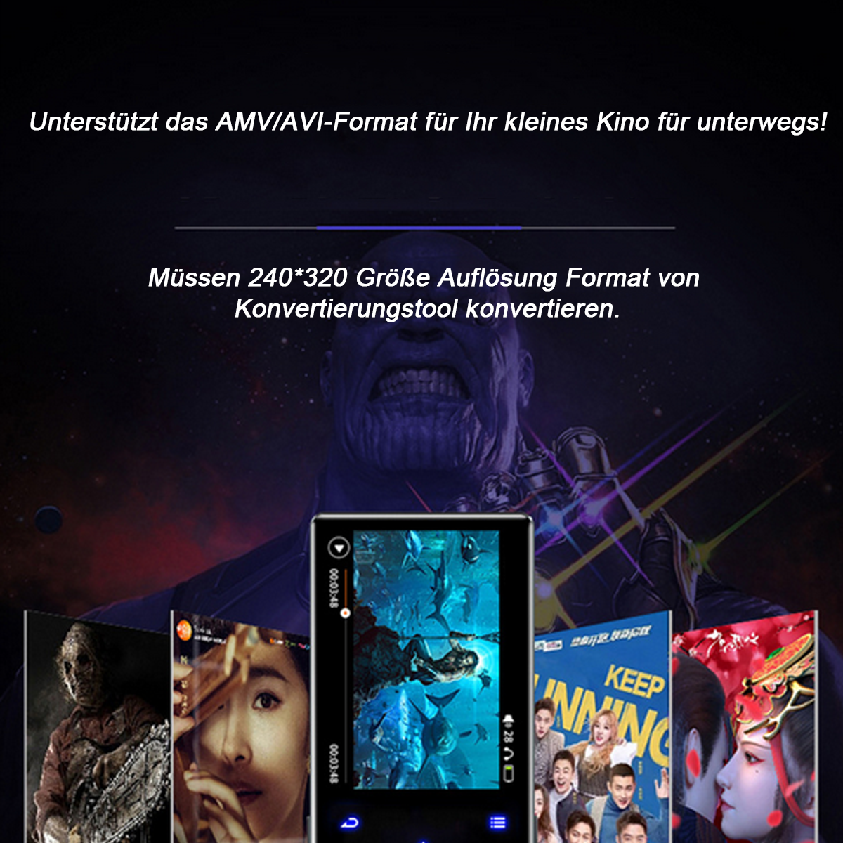 Ein Bild mit Text und einem digitalen Gerät mit Filmplakaten vor einem lila Hintergrund.