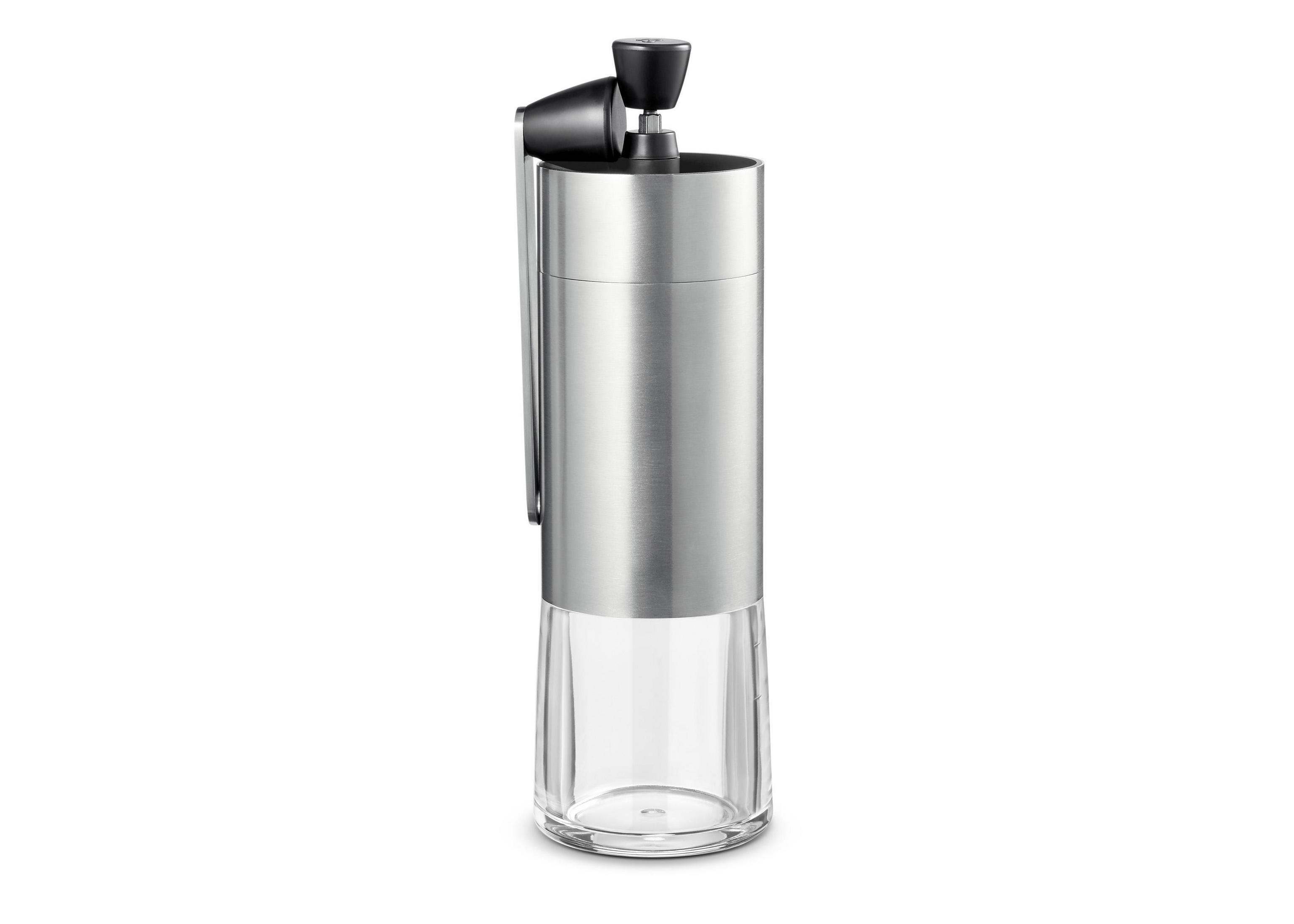 Manuelle Kaffeemühle, silbernes Gehäuse mit klarer Glasbasis.