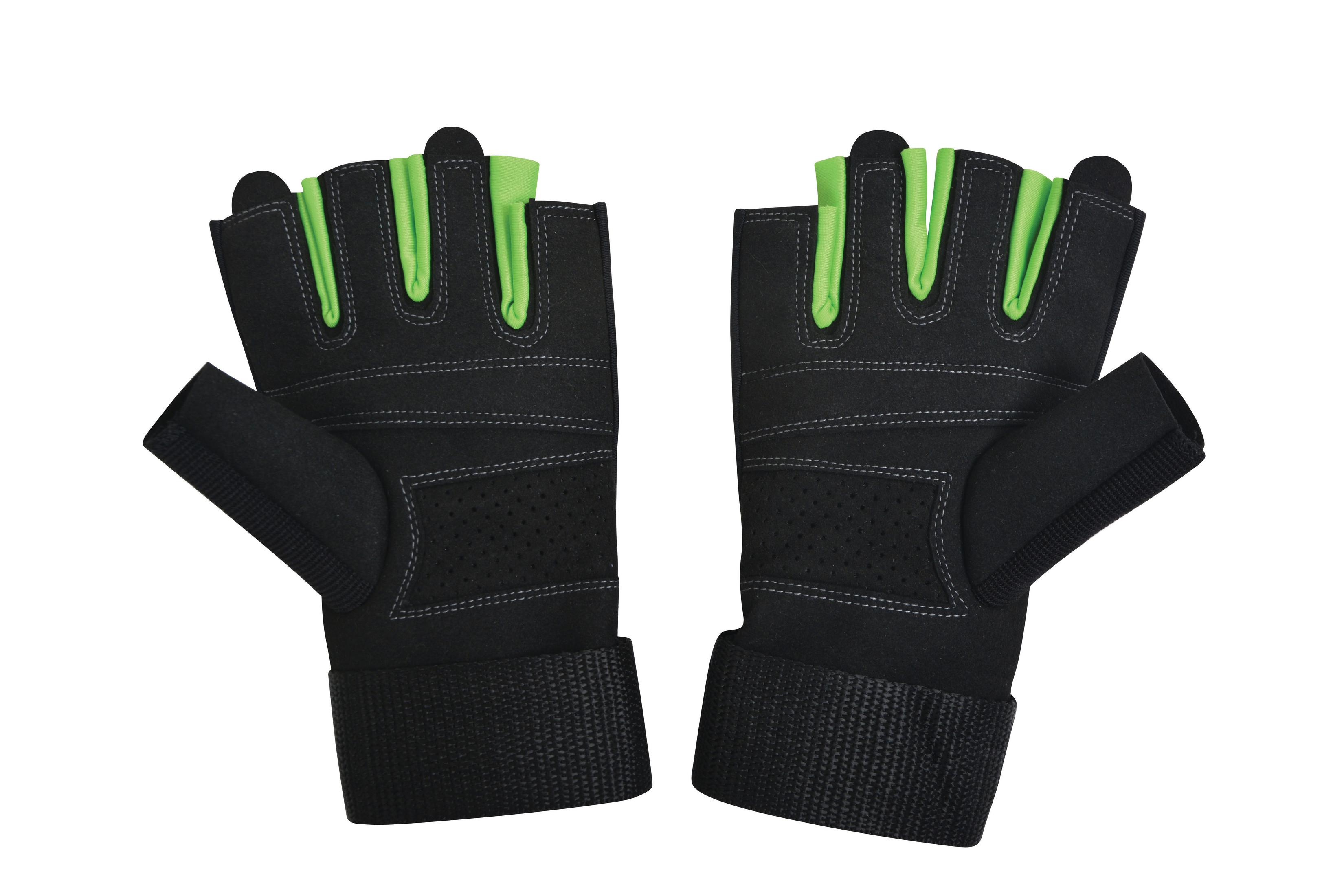 Schwarze und grüne fingerlose Trainingshandschuhe, Handfläche nach oben.