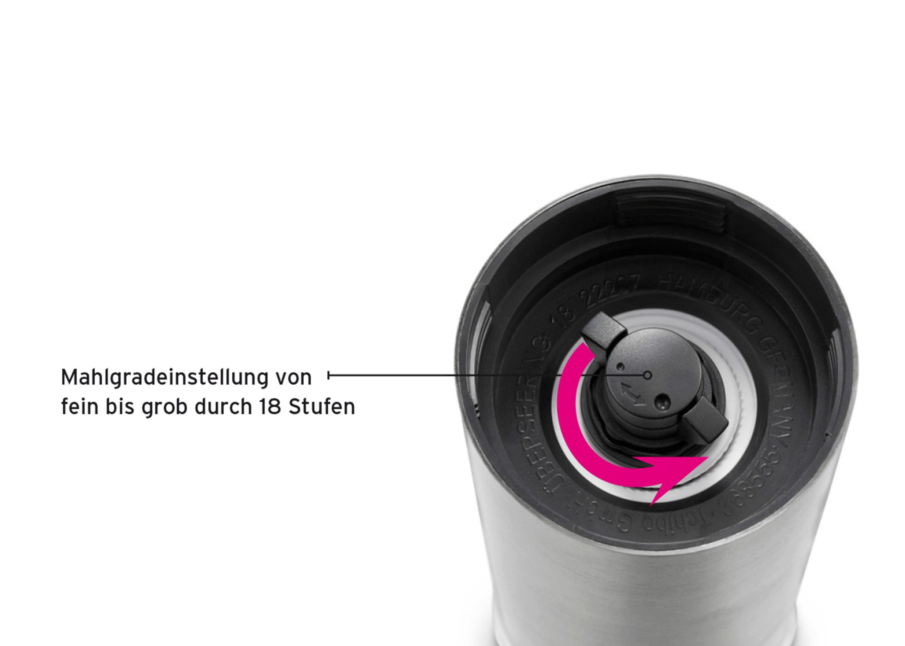 Pfeffermühle mit Pfeil, der die Einstellung von grob zu fein anzeigt.