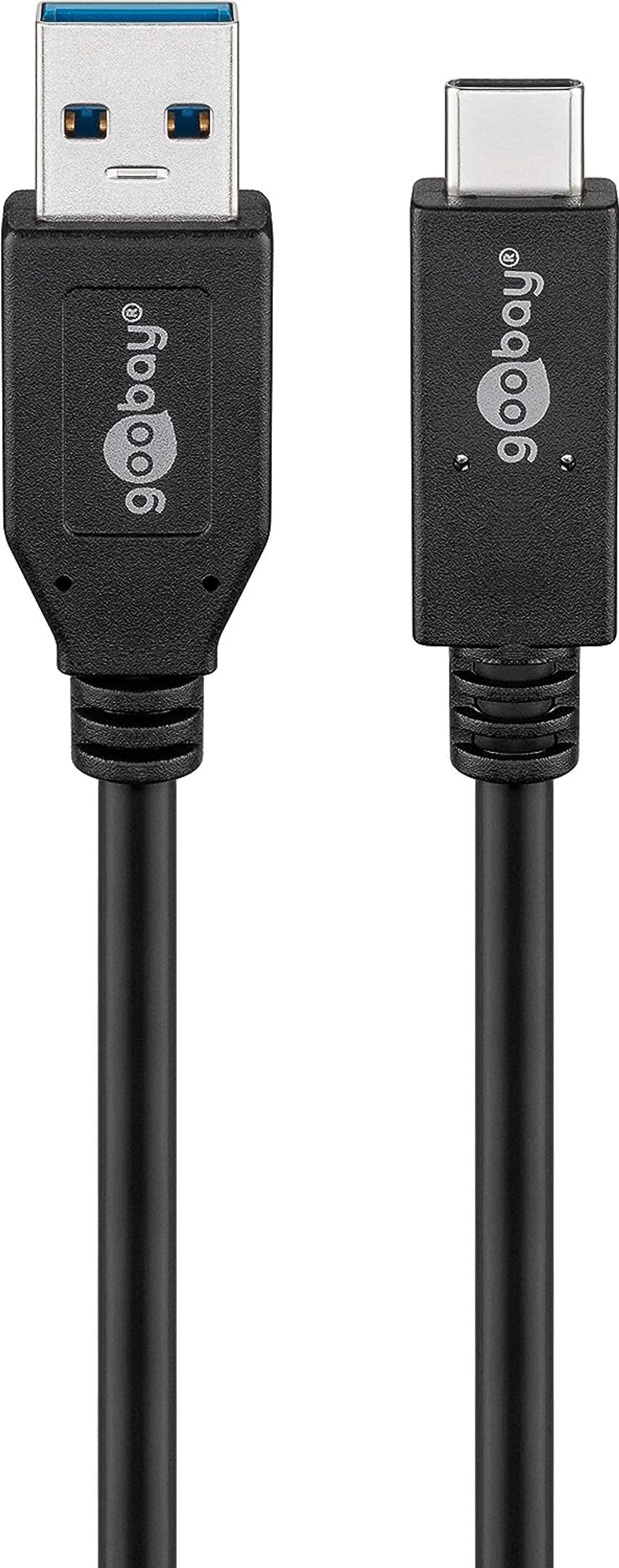 Un cavo da USB a USB-C nero, con marchio 'goobay' su entrambe le estremità, su sfondo bianco.