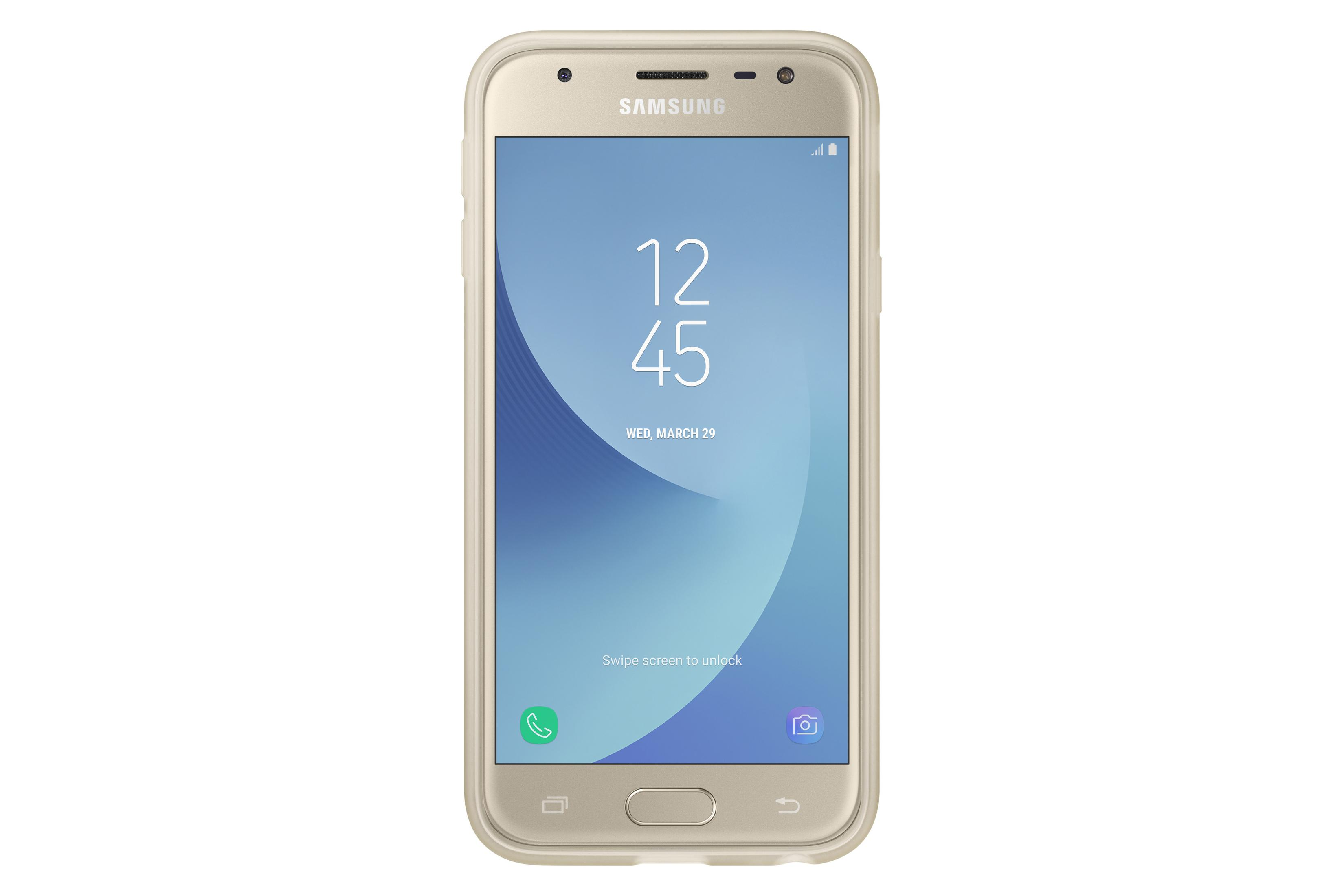 Un telefono Samsung dorato con custodia che mostra l'ora e la data su sfondo bianco.