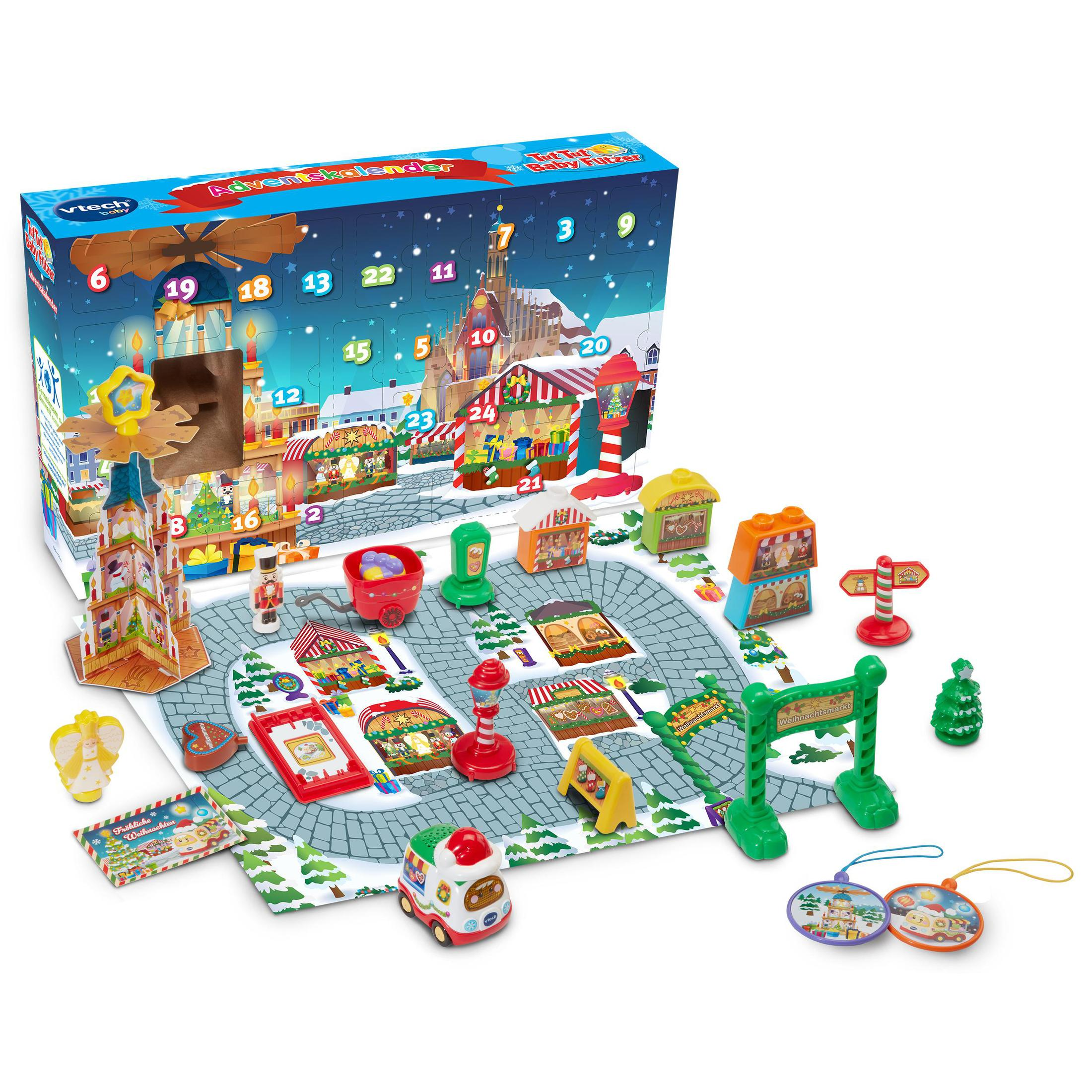 Adventskalender-Spielzeug mit Weihnachtsdorf-Szenen, Figuren und einem Spielzeugauto.
