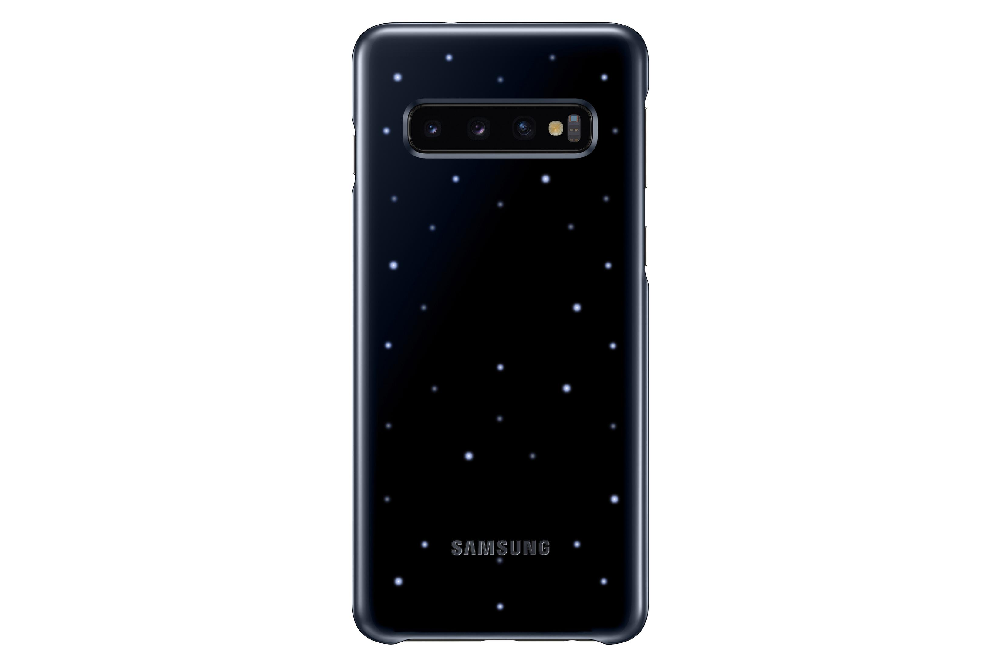 Coque de téléphone Samsung noire avec des points blancs. Logo Samsung en bas. Fond blanc.