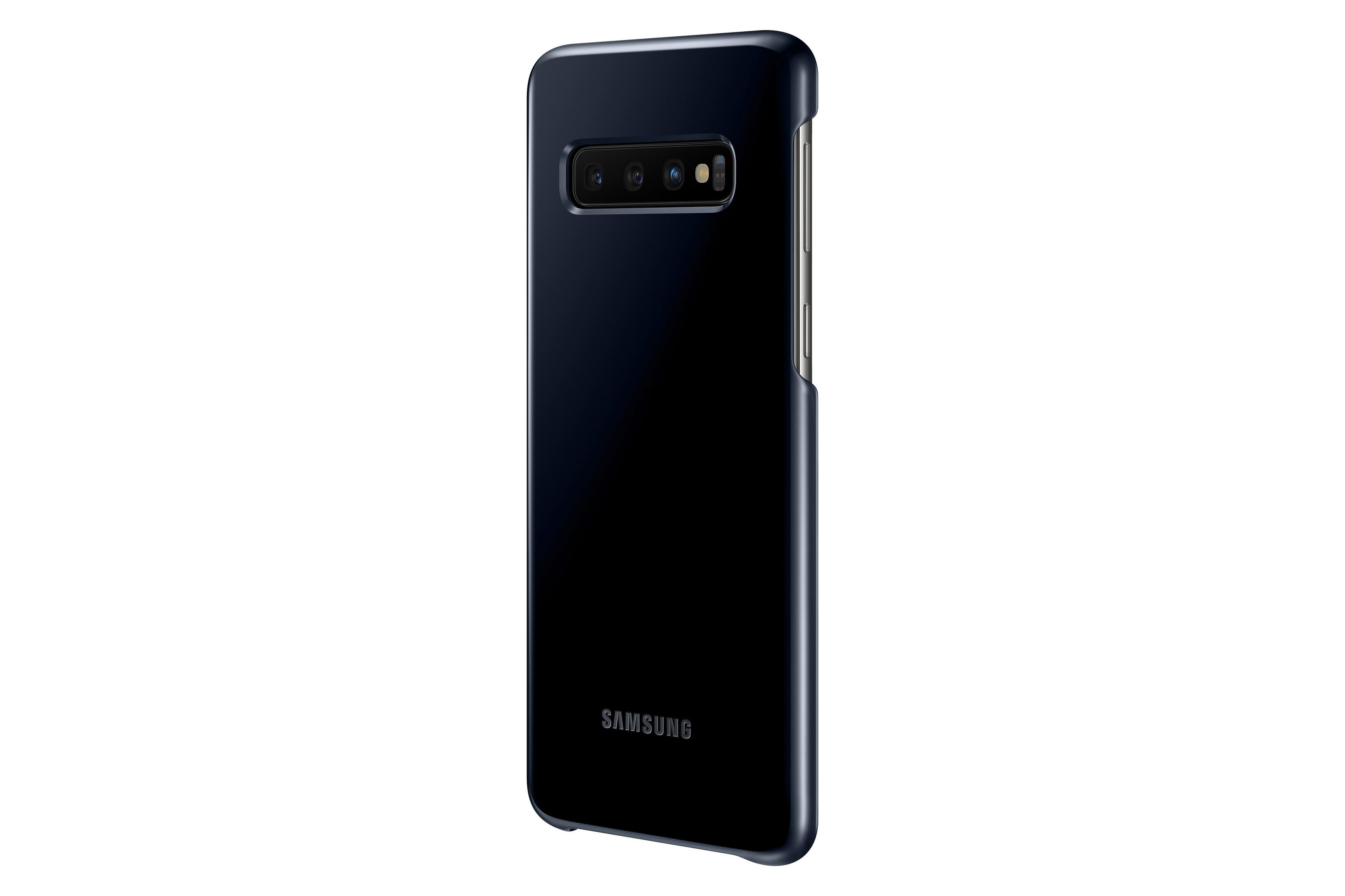 Une coque de téléphone noire avec un cadre bleu foncé, tenant un téléphone avec des caméras.