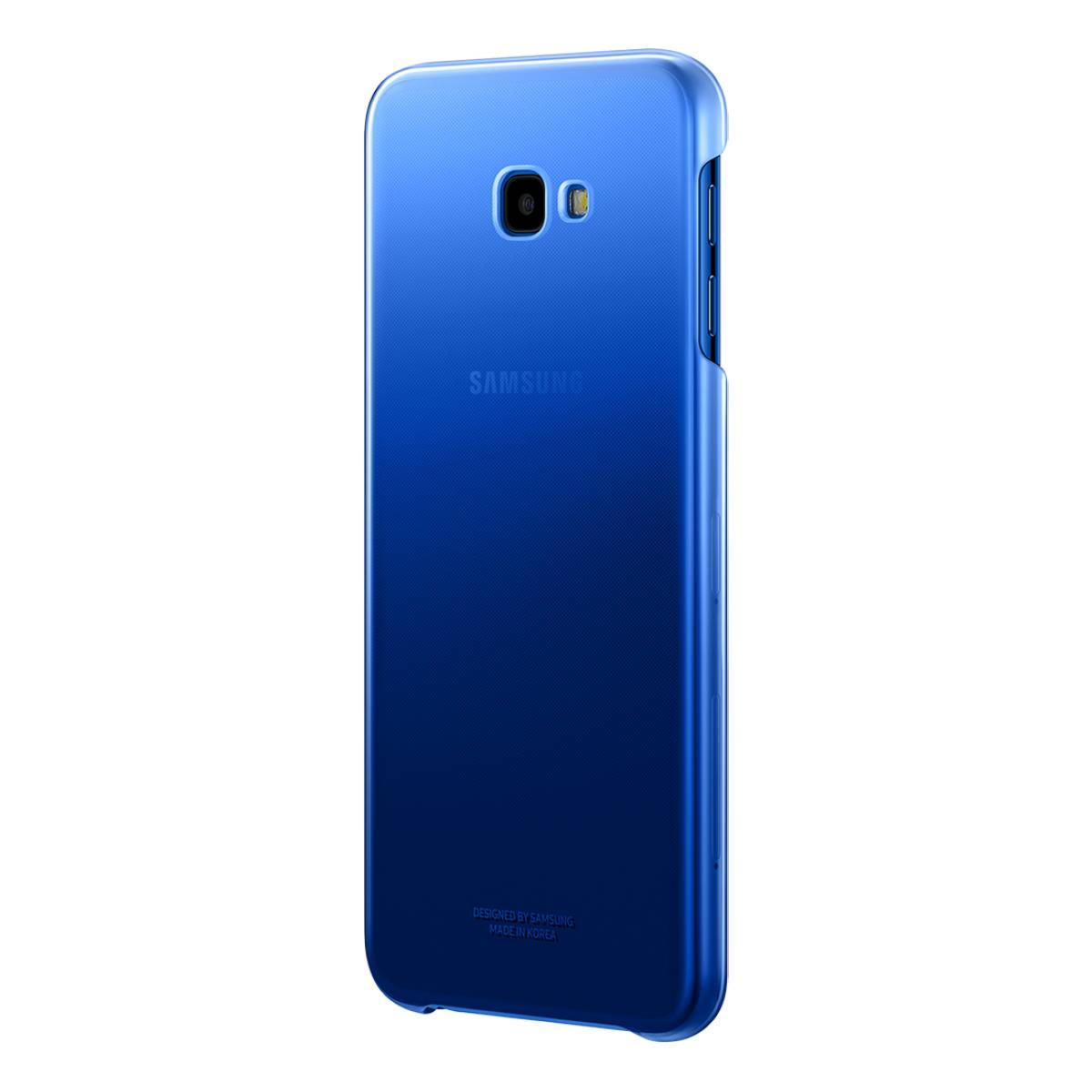 Custodia blu per smartphone con logo Samsung sul retro, su una superficie bianca.