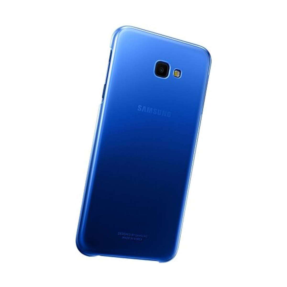 Una custodia blu per telefono con un telefono Samsung all'interno. La custodia è su sfondo bianco.