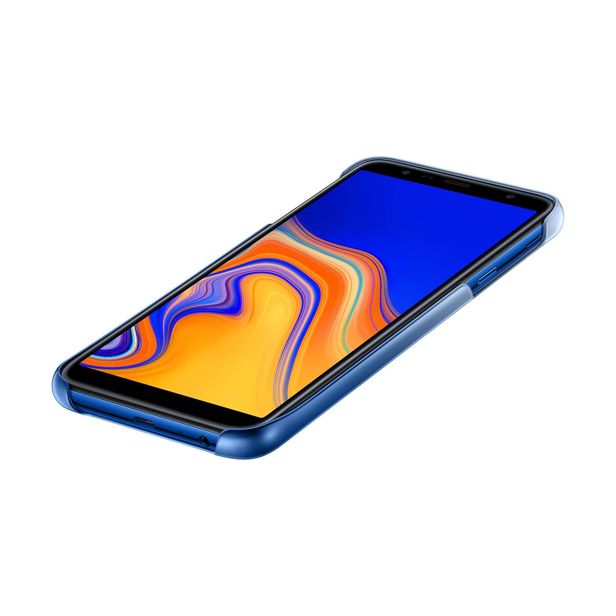 Una custodia blu su un telefono con schermo blu, angolato su una superficie bianca. Il telefono ha un design curvo.