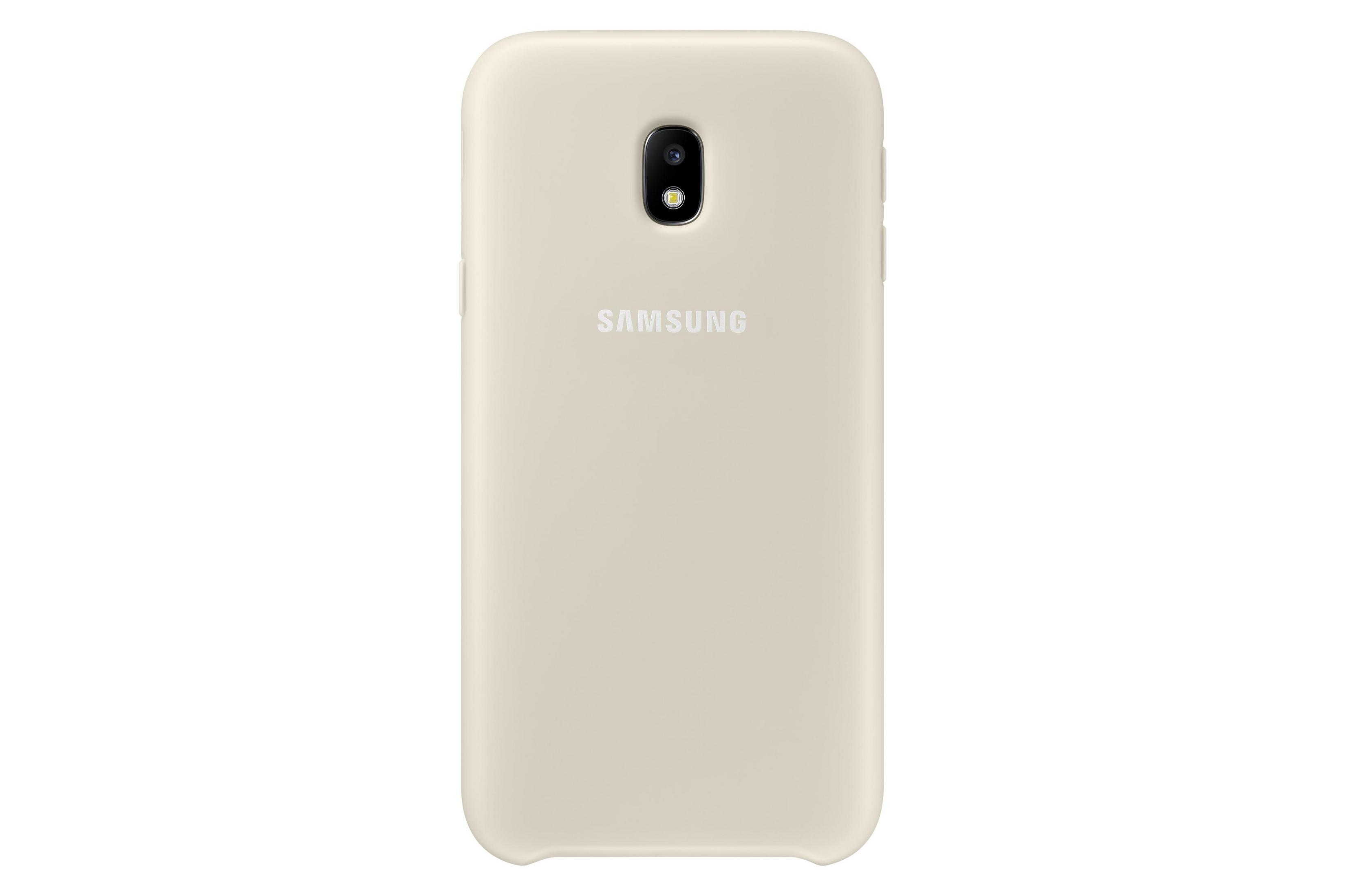 Una custodia beige per telefono Samsung, con il logo Samsung e l'obiettivo della fotocamera.