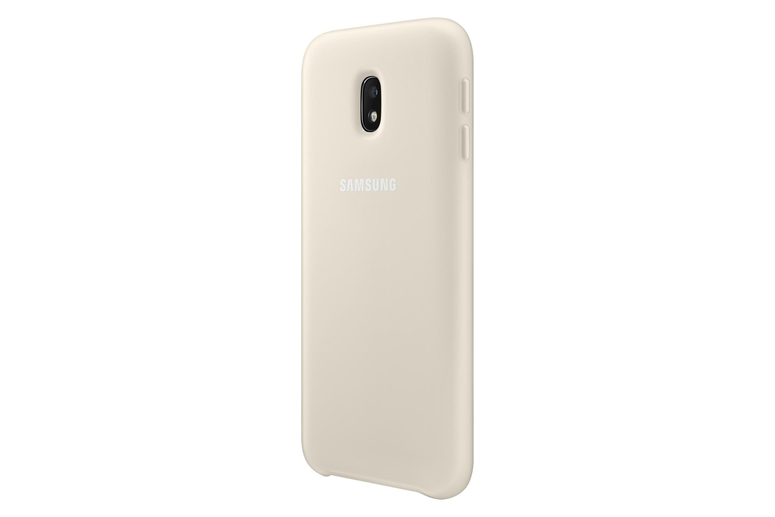 Custodia per telefono color crema. Il retro con foro fotocamera e logo del marchio.