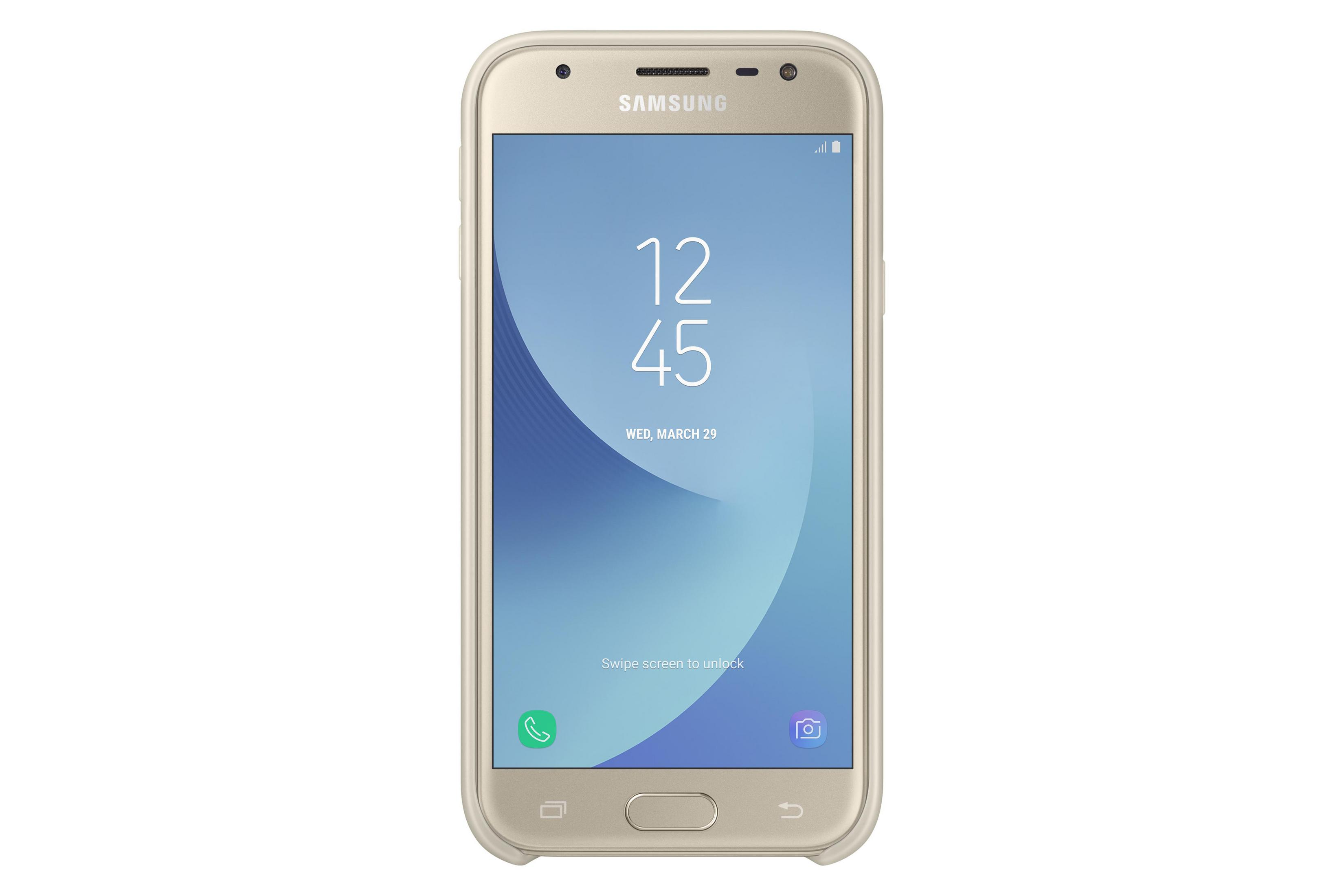 Smartphone dorato con ora 12:45, sfondo sfumato blu e icona telefono verde.