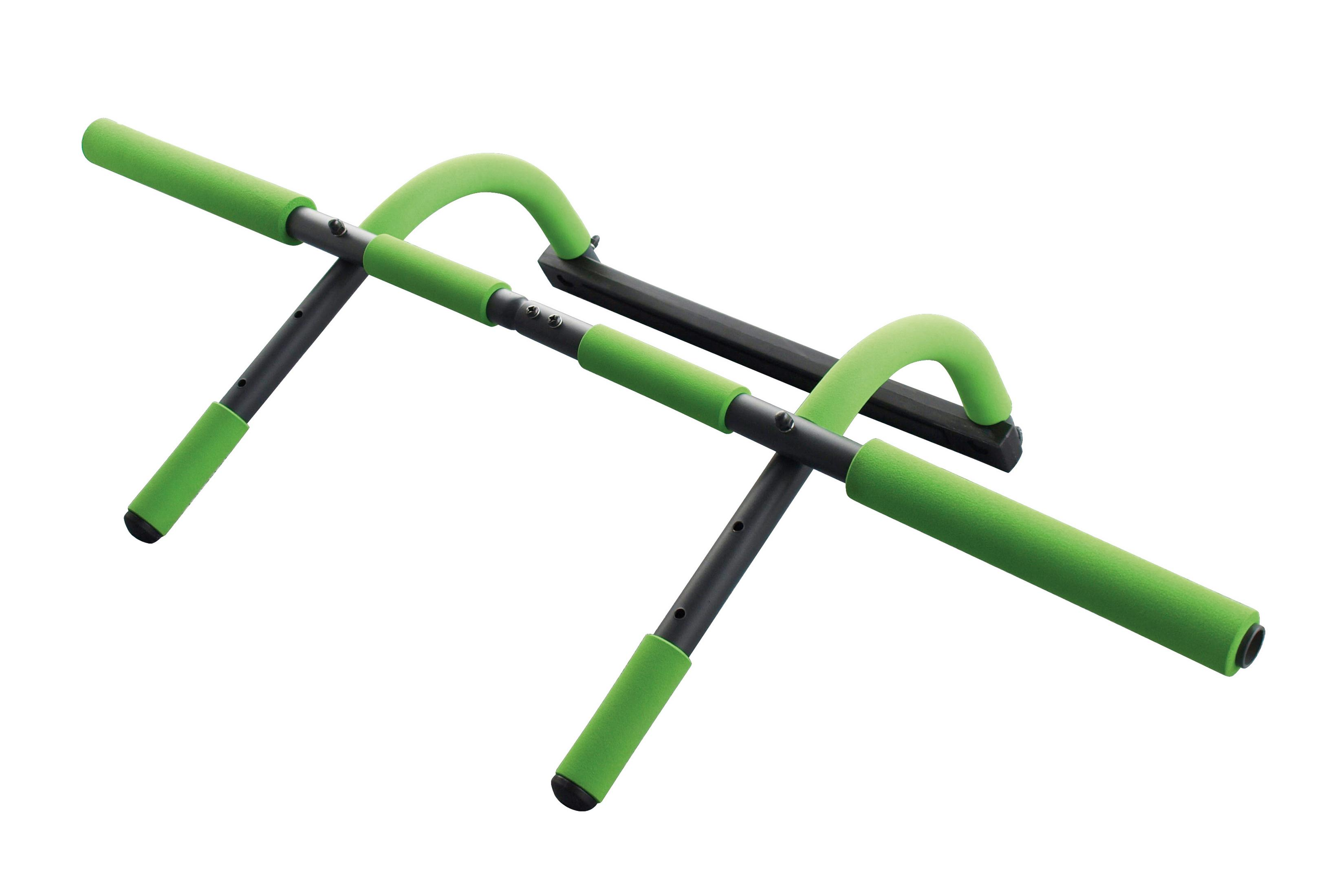 Barra per trazioni verde e nera con maniglie in schiuma verde.