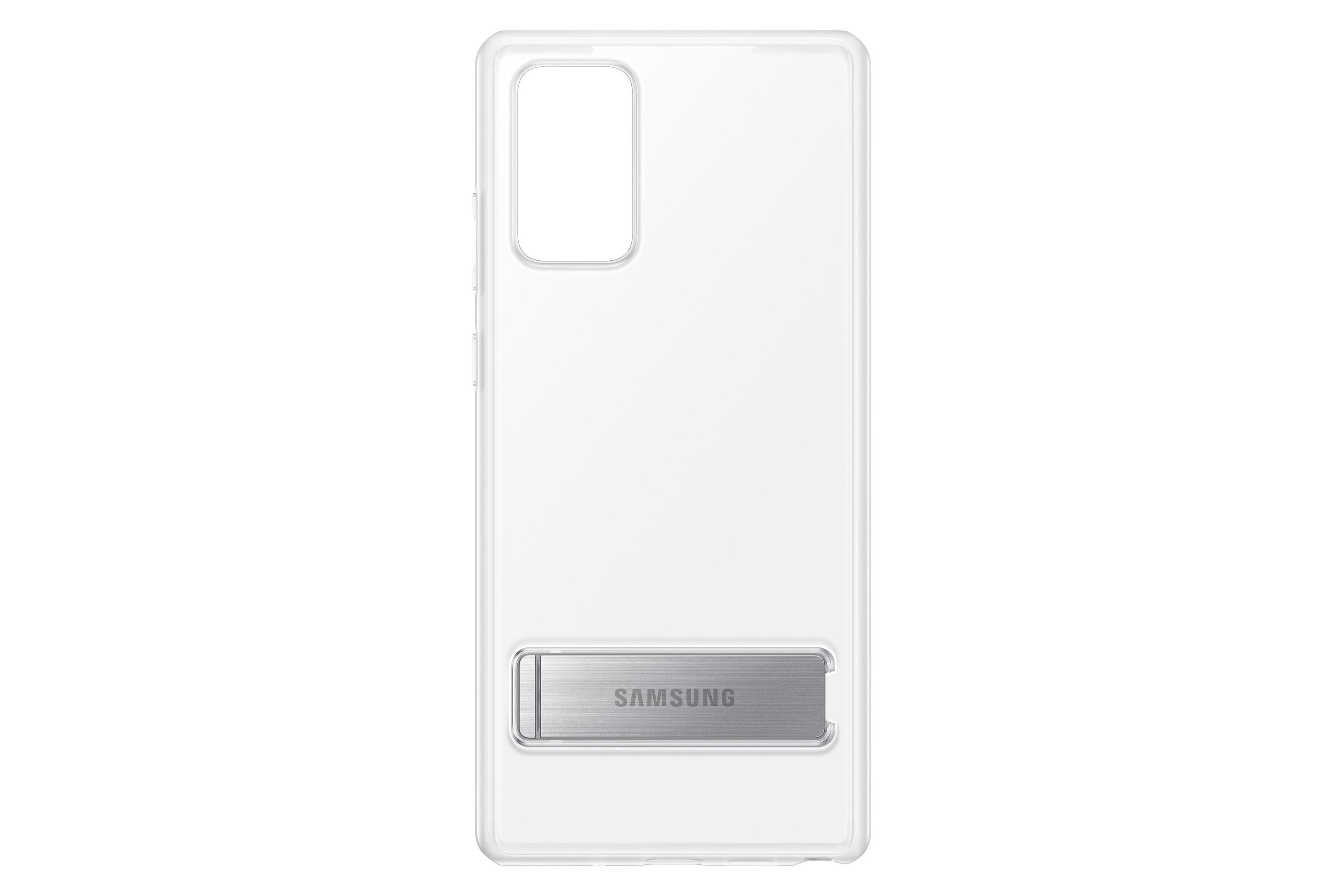 Eine transparente Samsung-Handyhülle mit silbernem Ständer, auf weißem Untergrund, von hinten gesehen.