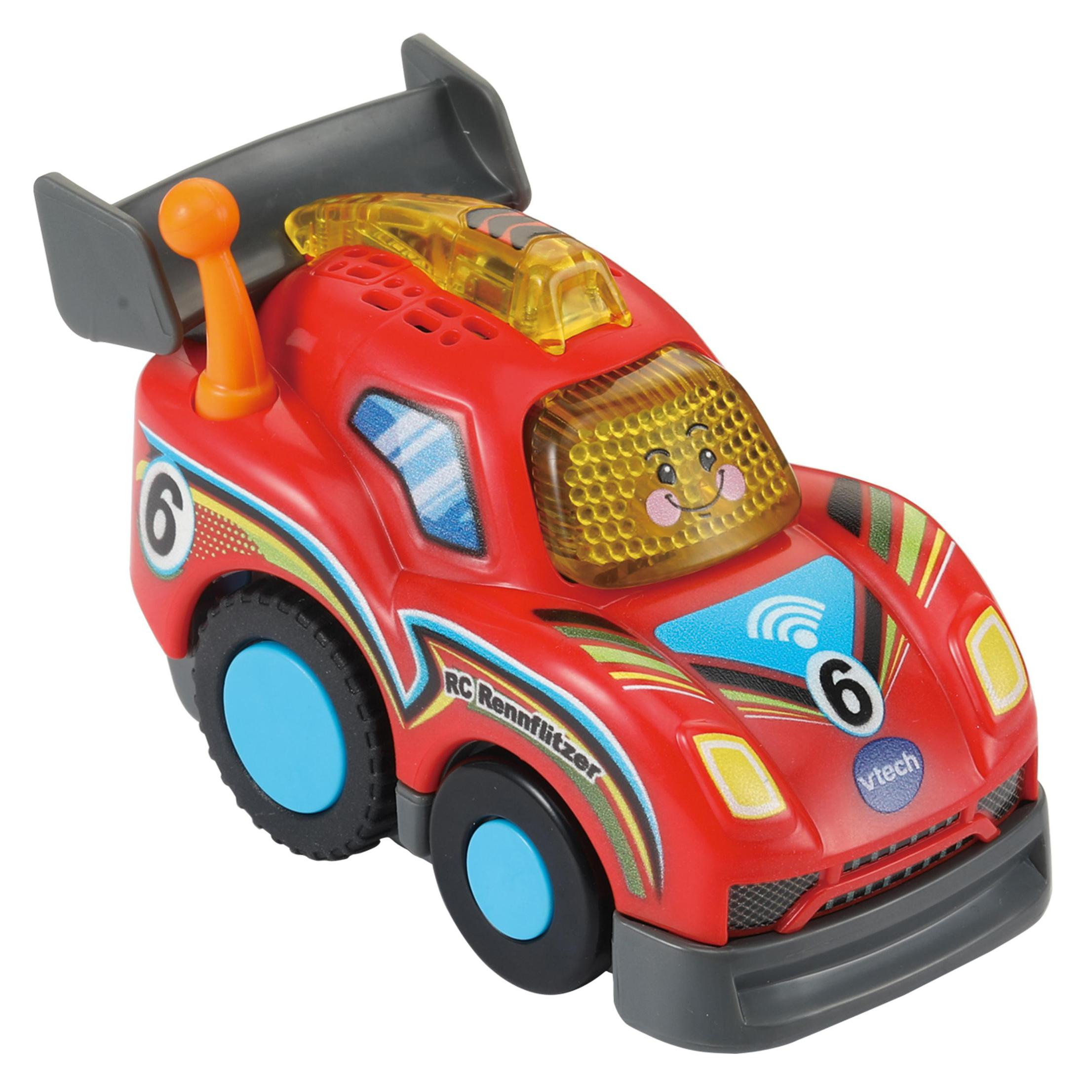 Ein rotes Spielzeug-Rennauto mit gelbem Licht, schwarzen Rädern und der Nummer 6.