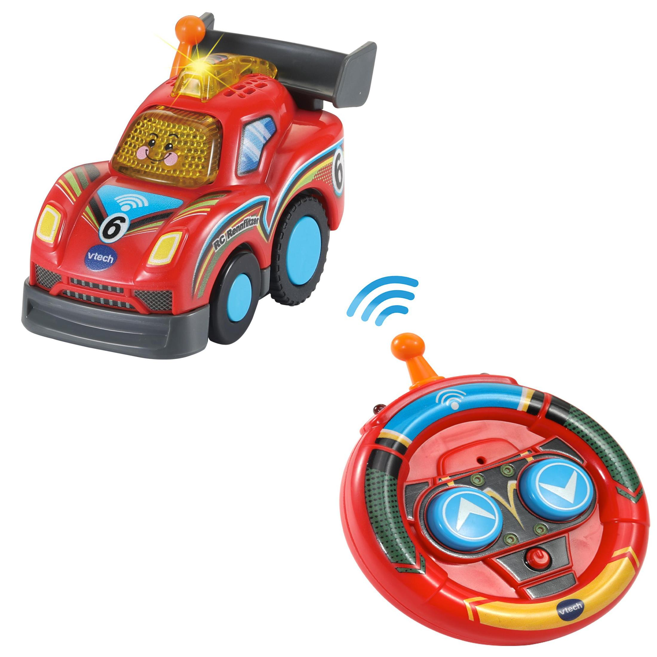 Ein rotes Spielzeug-Rennauto mit Fernbedienung. Das Auto hat blinkende Lichter.