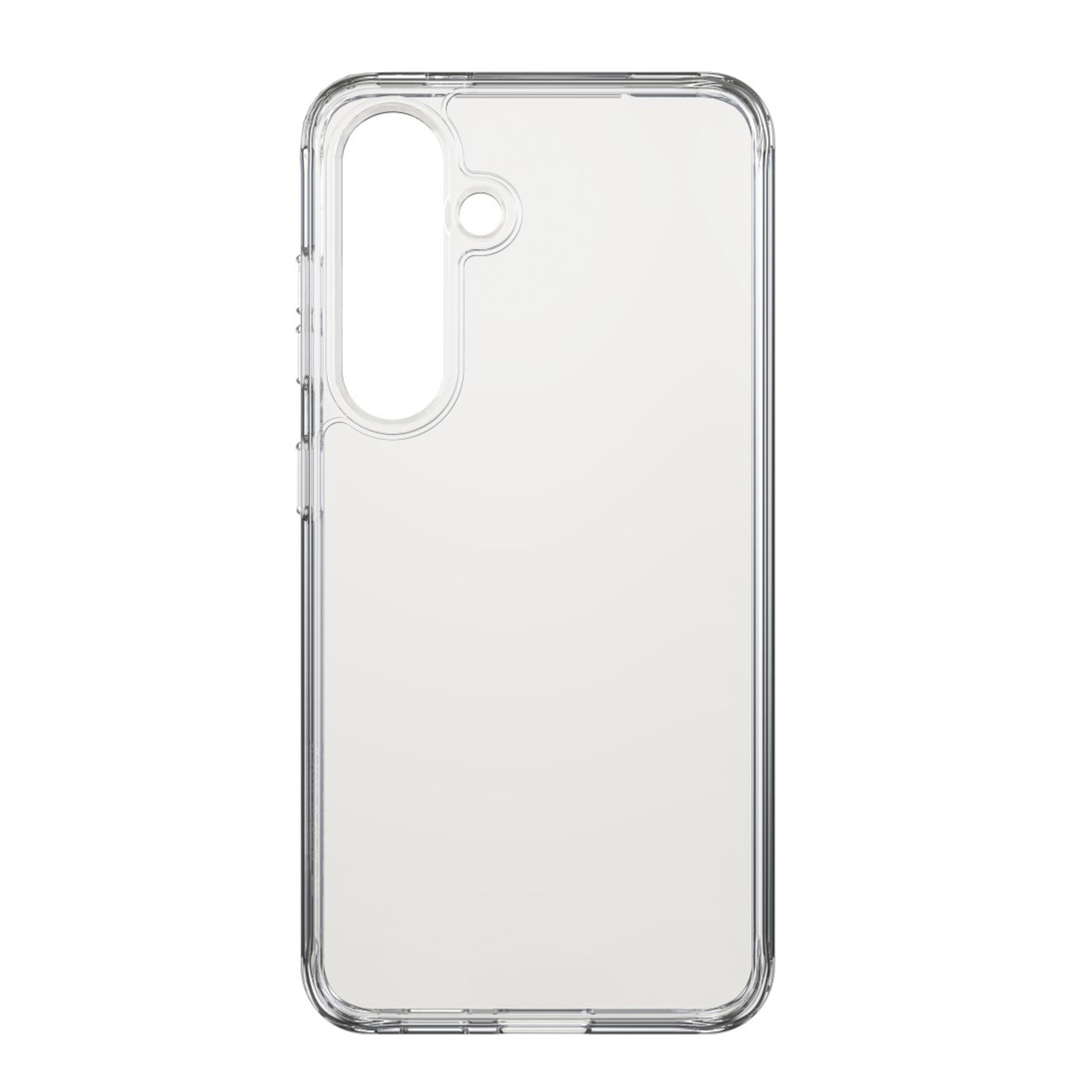 Custodia trasparente per telefono. Ha un ritaglio per la fotocamera. La custodia è su sfondo bianco.