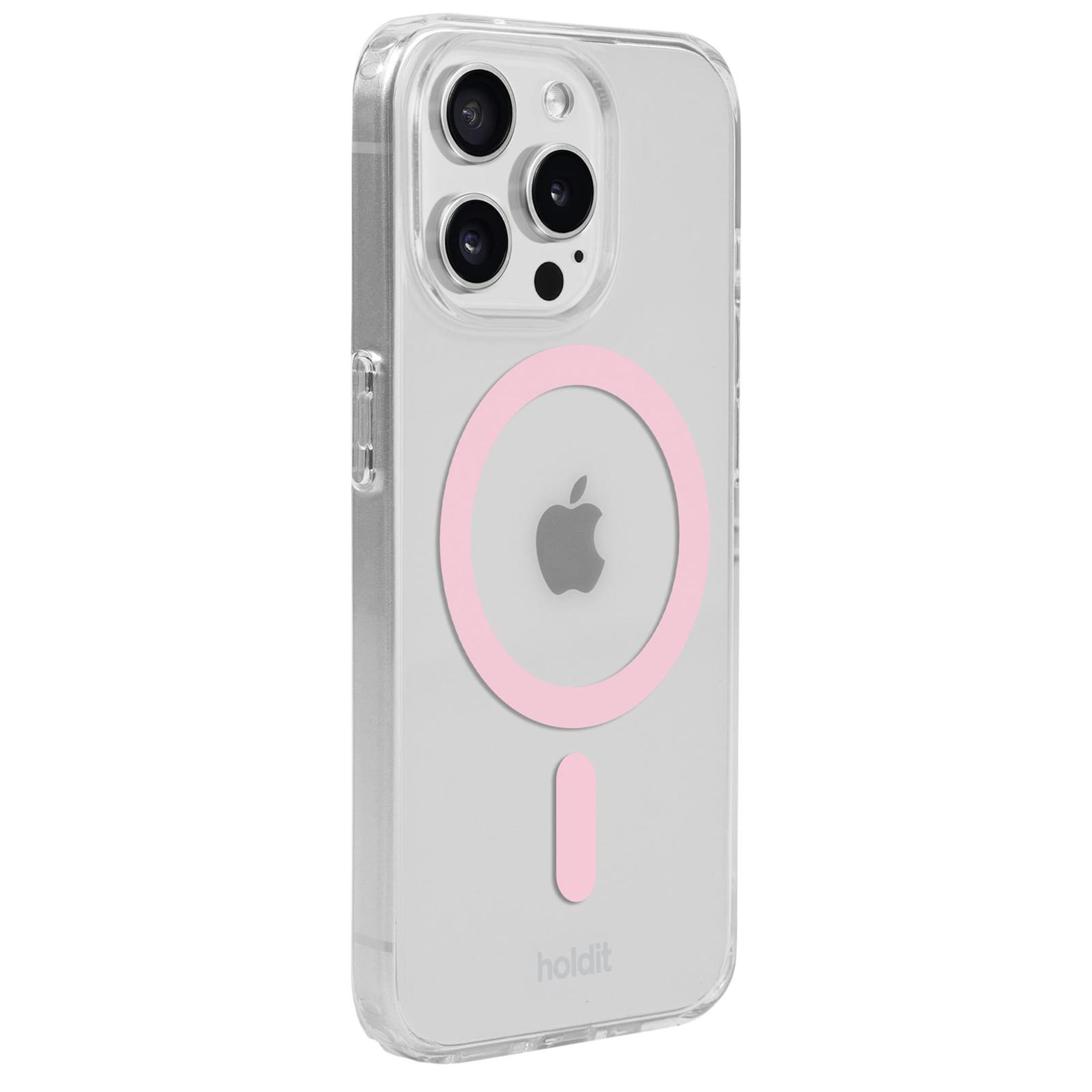Klar iPhone-Hülle mit rosa Ring und Apple-Logo. Telefon ist zentriert.