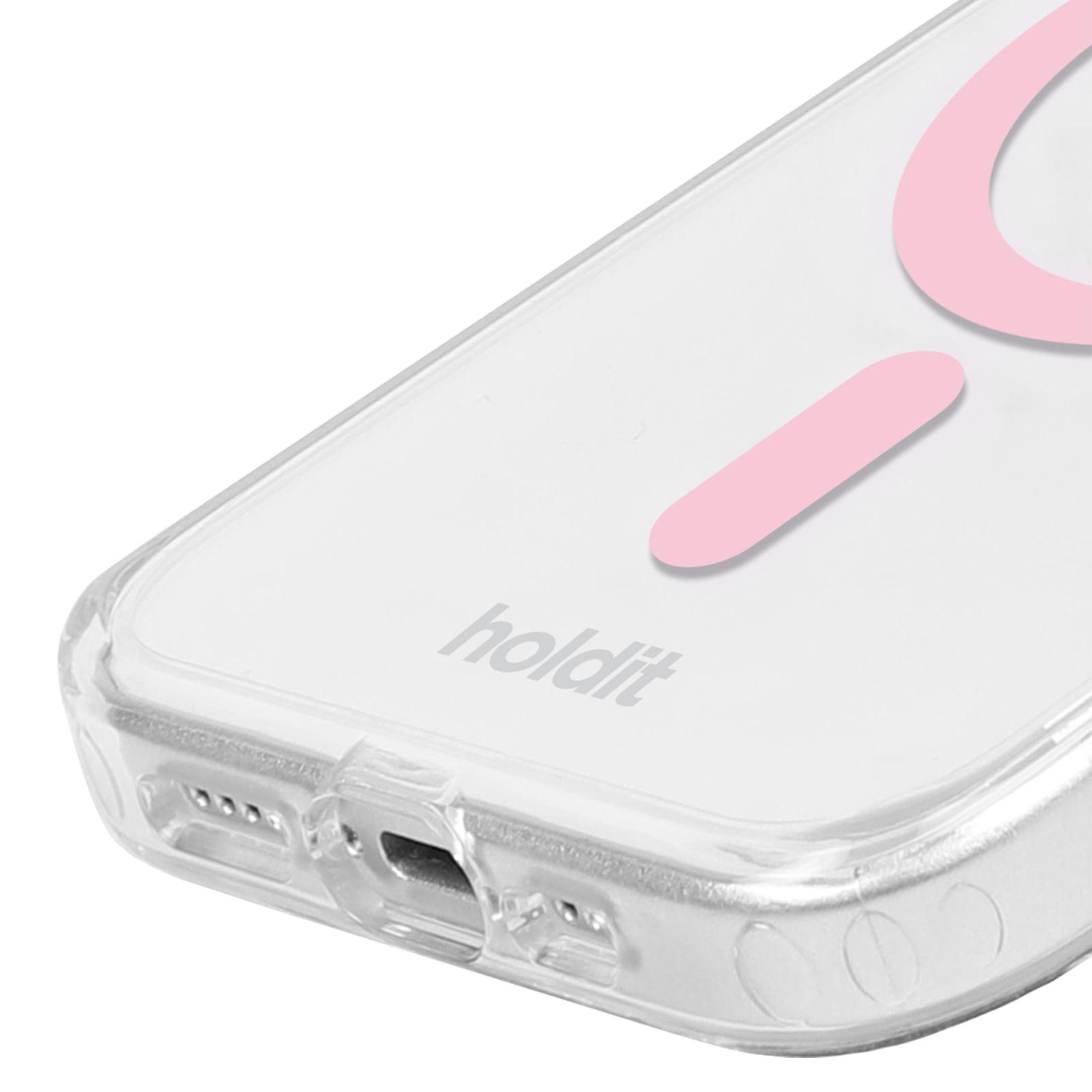 Transparente Handyhülle mit rosa Akzenten. Die Hülle ist transparent und zeigt das Telefondesign.